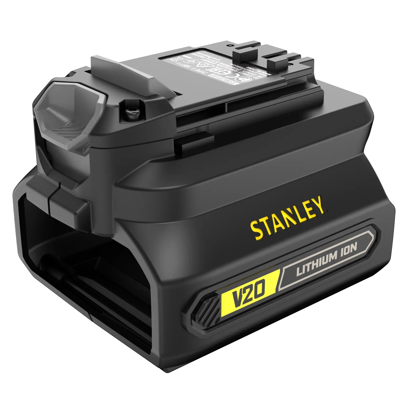 STANLEY SFMCB100 V20 Lithium Ion battery front angle photo, black casing with yellow branding.