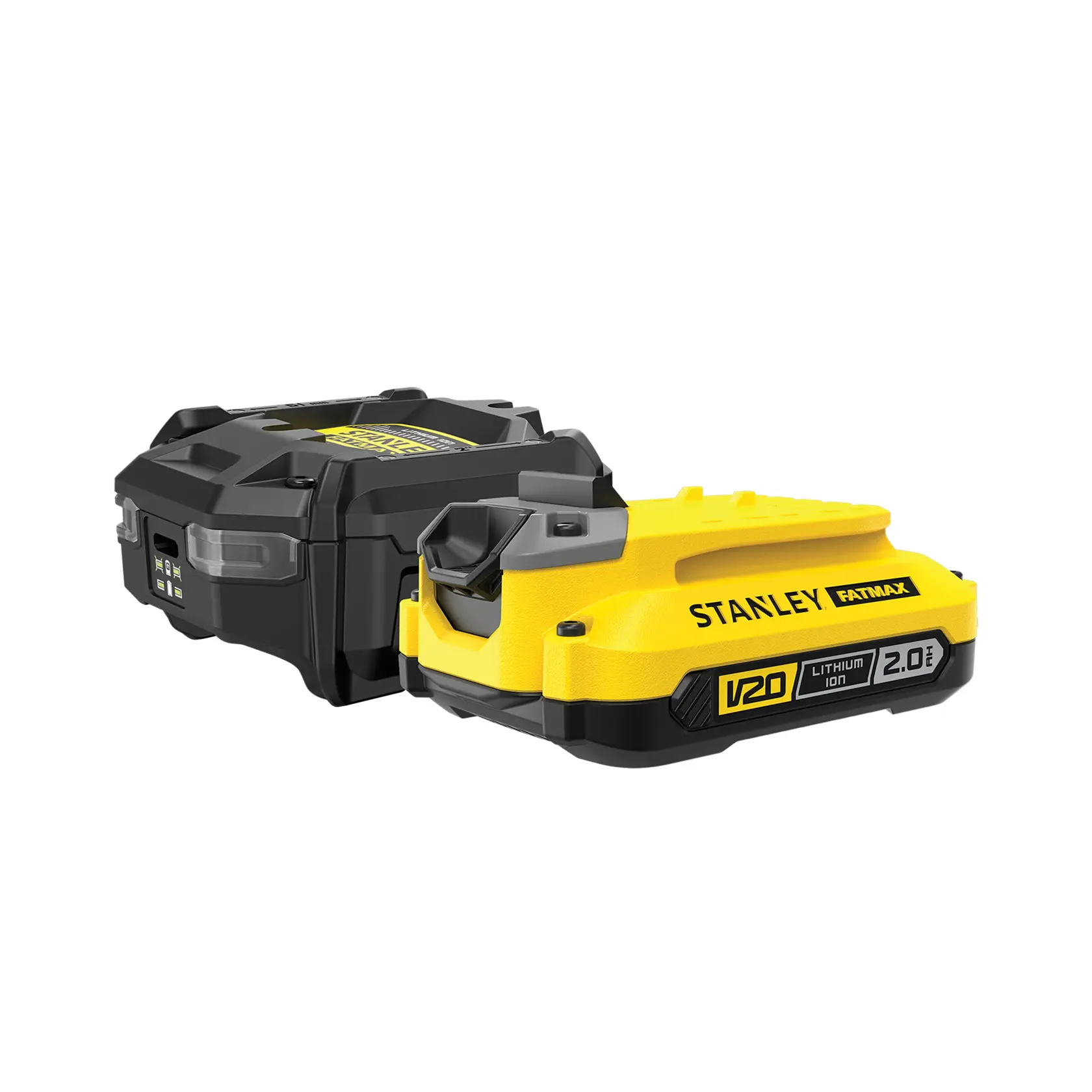 STANLEY SFMCB10D1 lithium-ion battery and charger, V20 series, yellow and black, front angle photo.