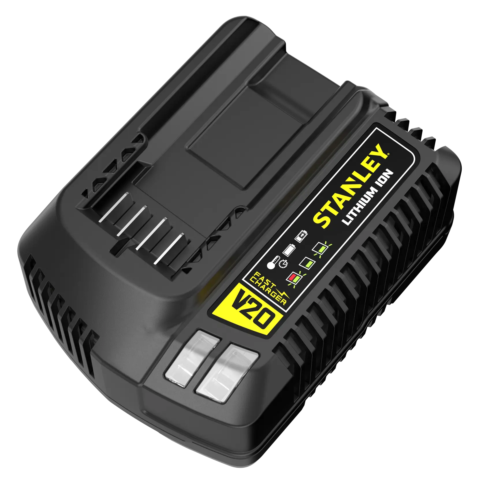 STANLEY SFMCB14 battery charger, black, product angle on white background.