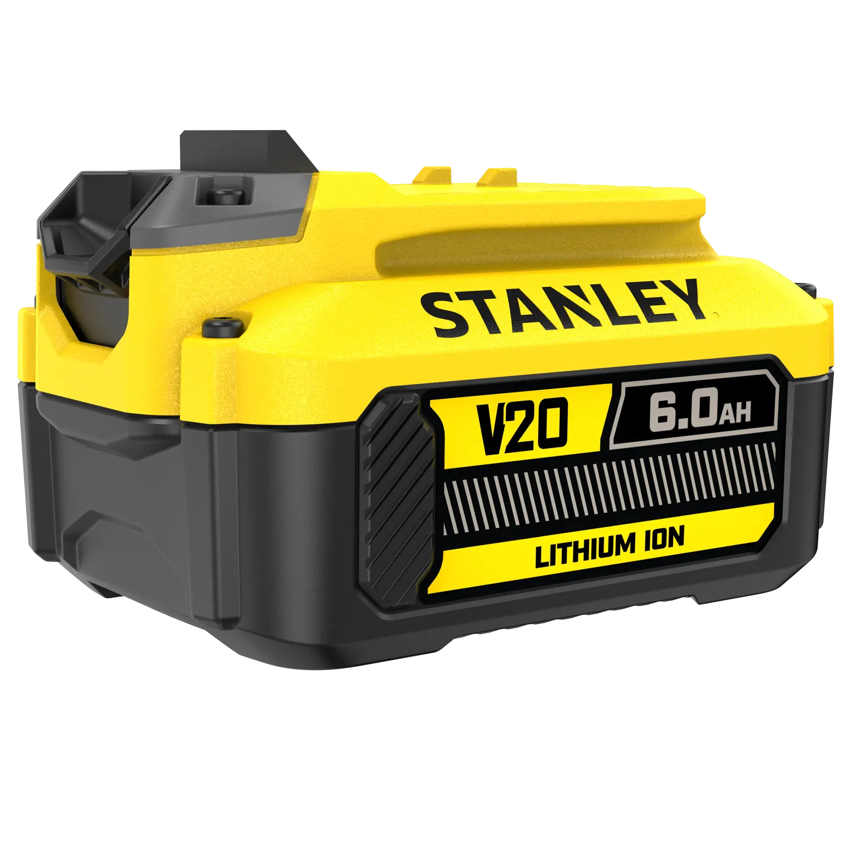 Photo of STANLEY SFMCB206 power tool battery, V20 6.0Ah lithium ion, yellow and black, angled view.
