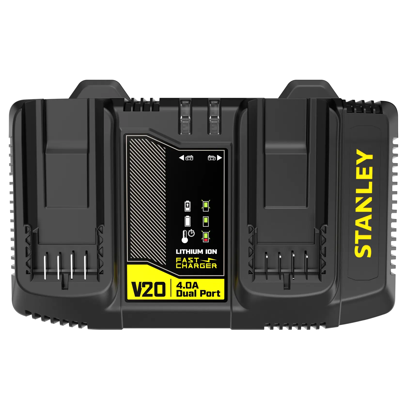 STANLEY SFMCB24 battery charger, V20 Fatmax 4.0A dual port, front angle, black and yellow design.