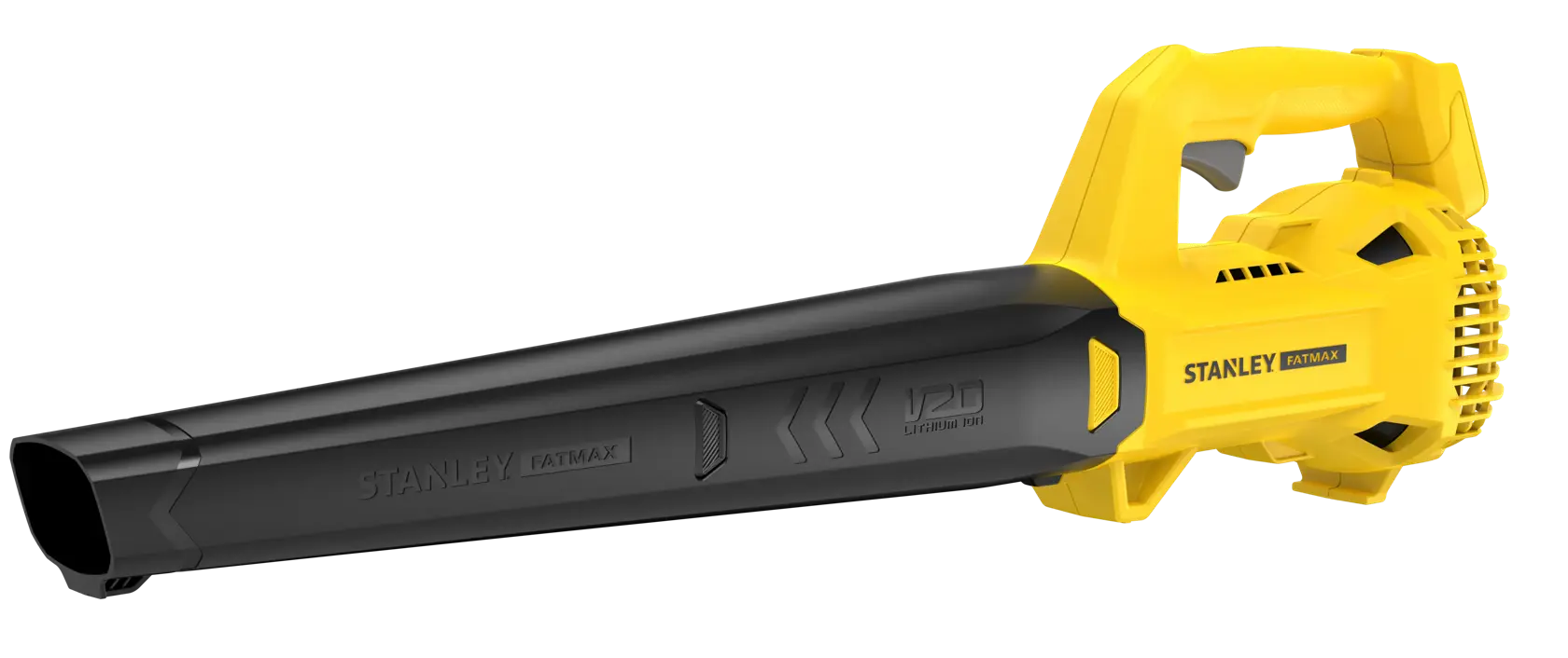 STANLEY SFMCBL714B-XJ cordless leaf blower, yellow and black, side angle on white background.