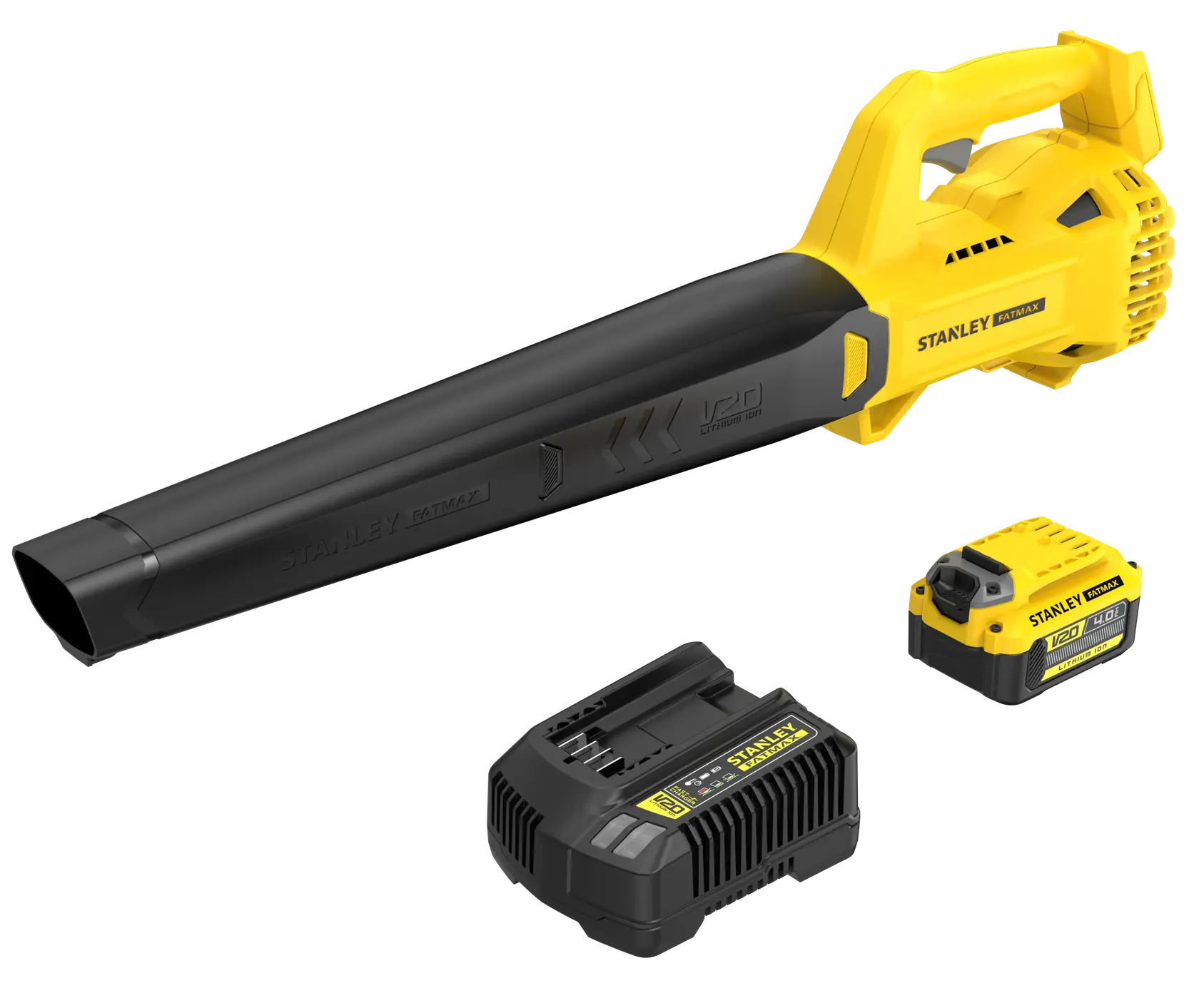 STANLEY SFMCBL714M1 cordless leaf blower kit with battery and charger, side angle, yellow and black.
