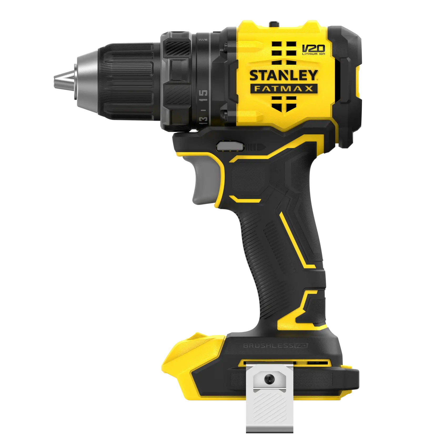 STANLEY SFMCD714B-XJ cordless drill, black and yellow, side view with brushless motor and metal belt clip.