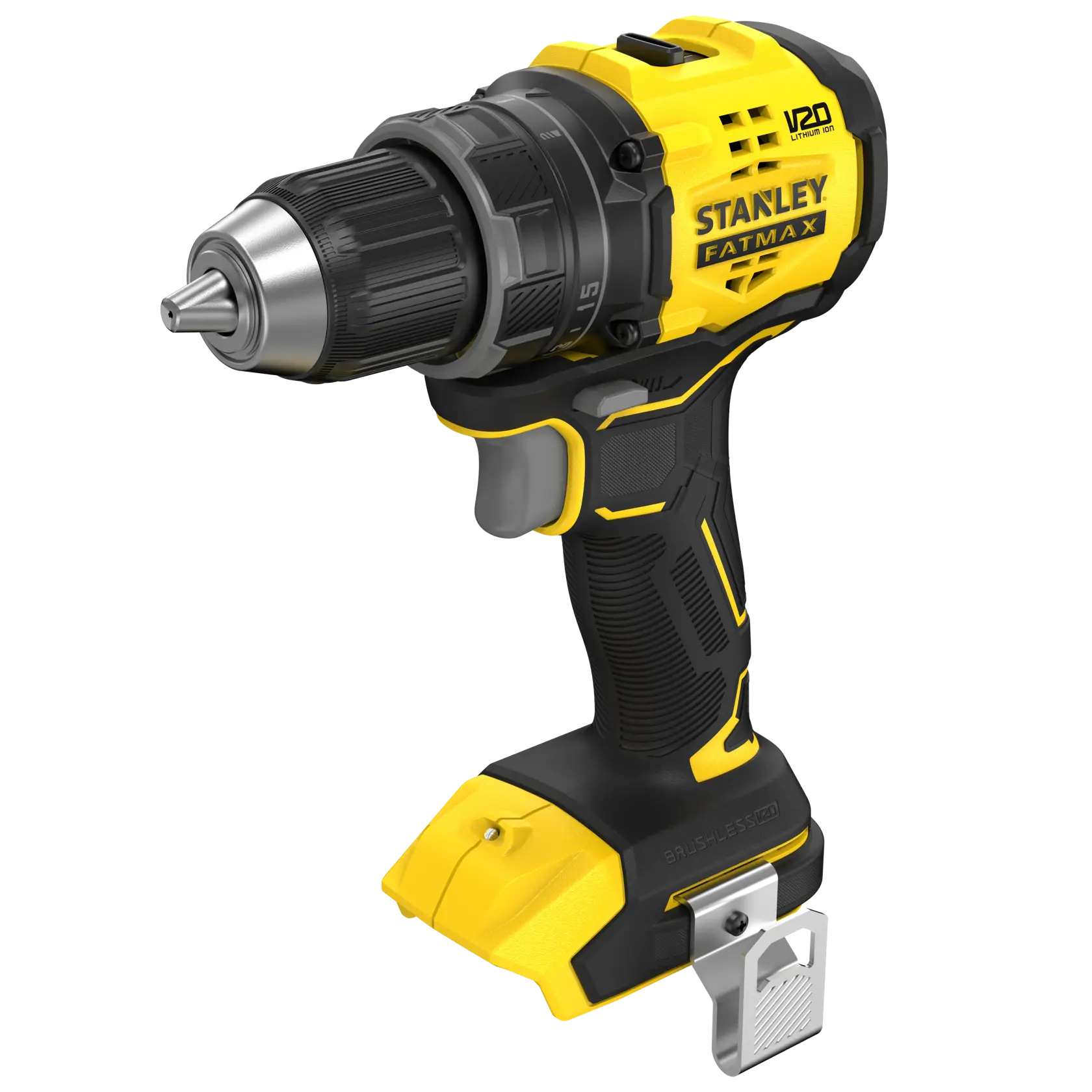 STANLEY SFMCD714B-XJ cordless drill, yellow and black, side angle, brushless, FATMAX V20 series.