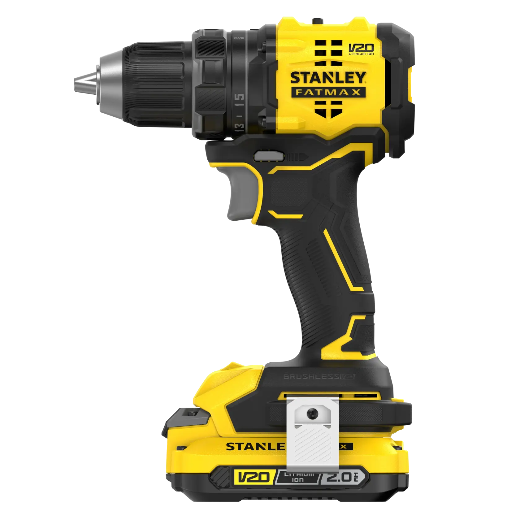 Photo of STANLEY SFMCD714D2T cordless drill, yellow and black, side view on white background.