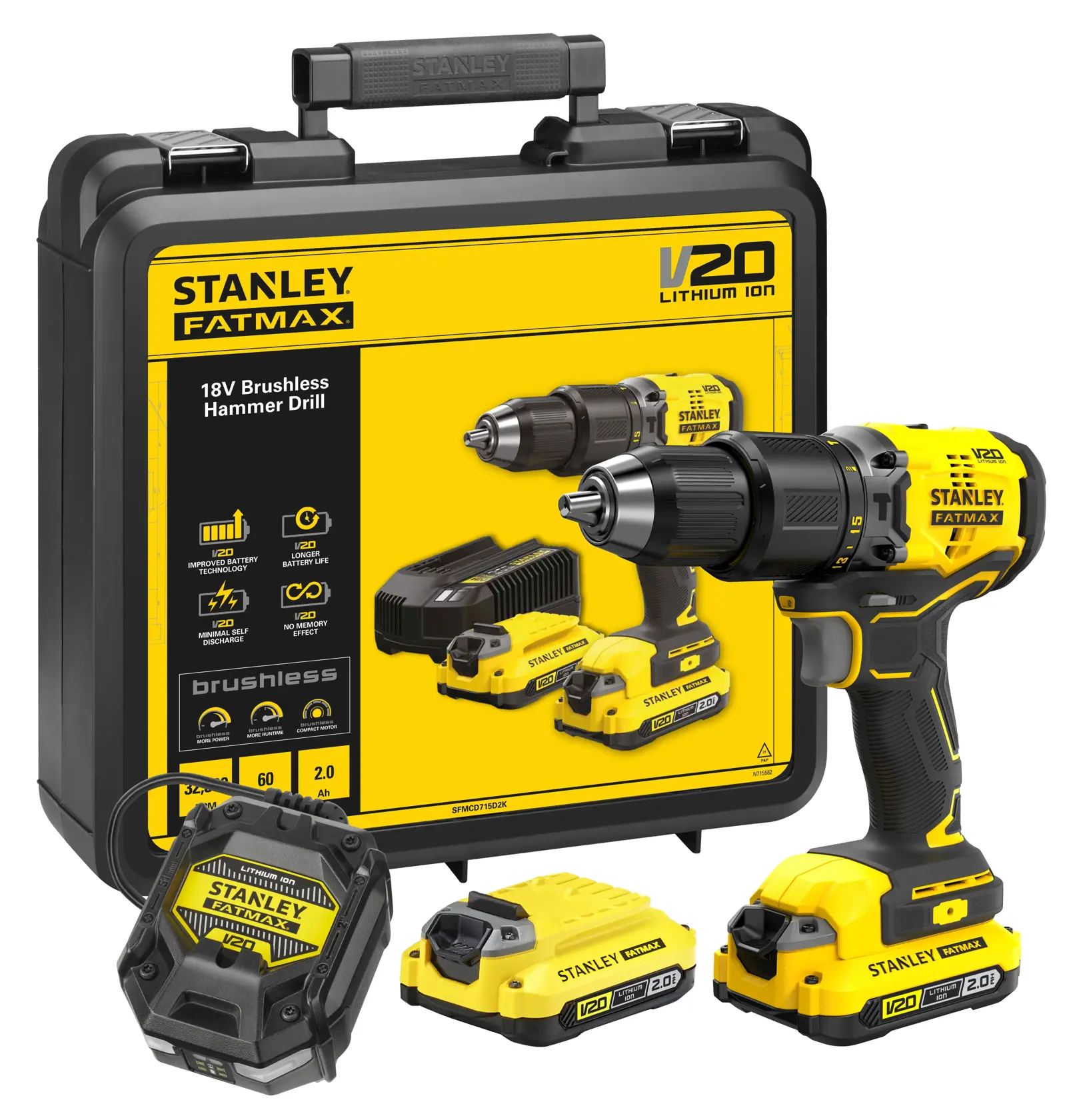 18V STANLEY® FATMAX® V20 Cordless Brushless Hammer Drill with 2 x 2.0Ah Lithium Ion Batteries and Kit Box 
