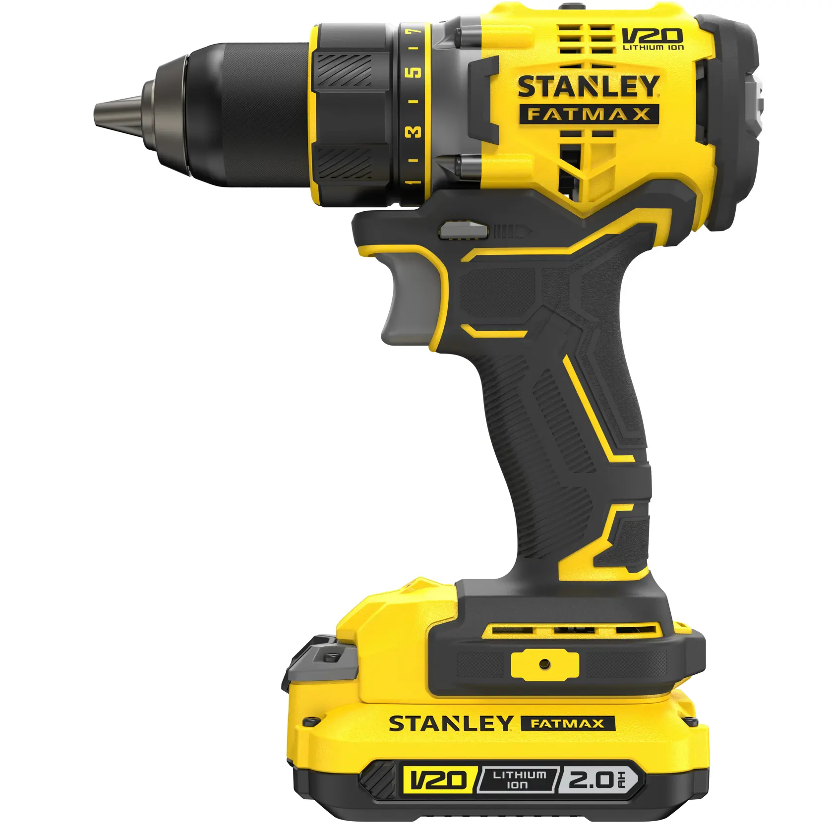 STANLEY SFMCD720D2K cordless drill driver, yellow and black, side view, with V20 lithium ion 2.0Ah battery.