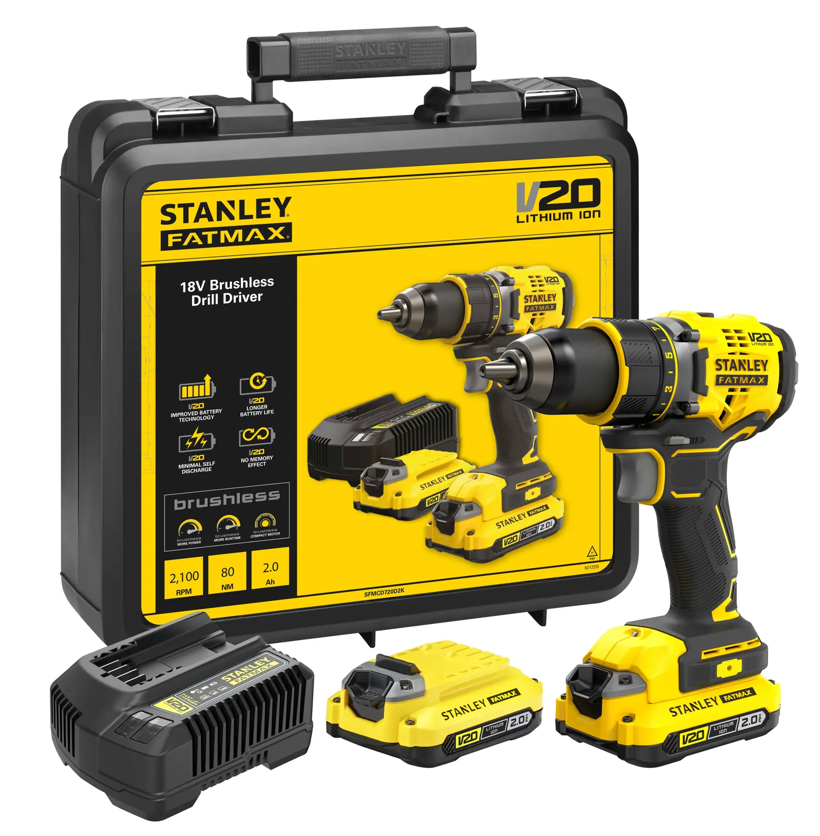 STANLEY® FATMAX® V20 Perceuse Visseuse 80nm Brushless Lithium 18v - 2 Batteries 2ah