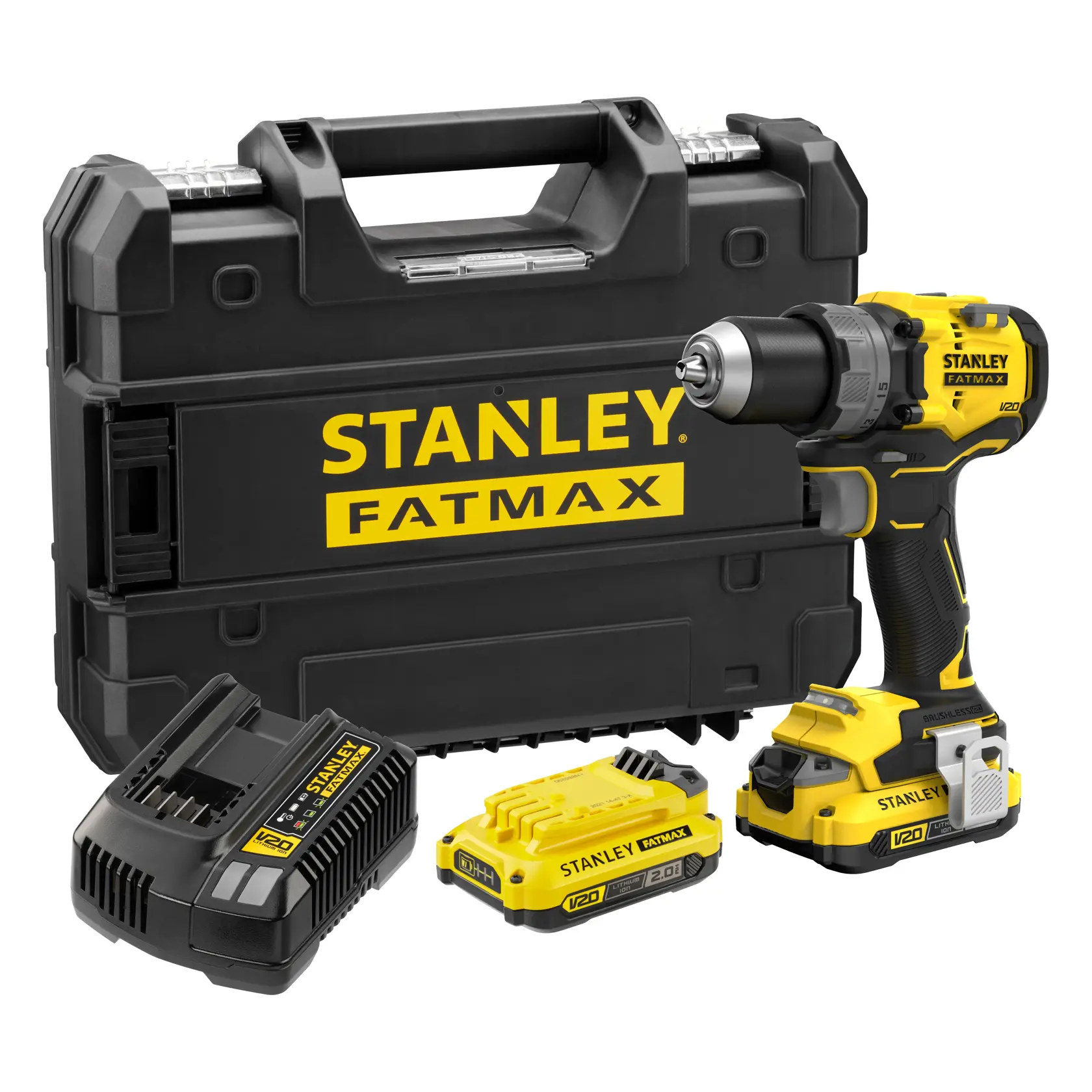 STANLEY SFMCD725D2T cordless drill set with carrying case, charger and two V20 batteries, front angle photo.