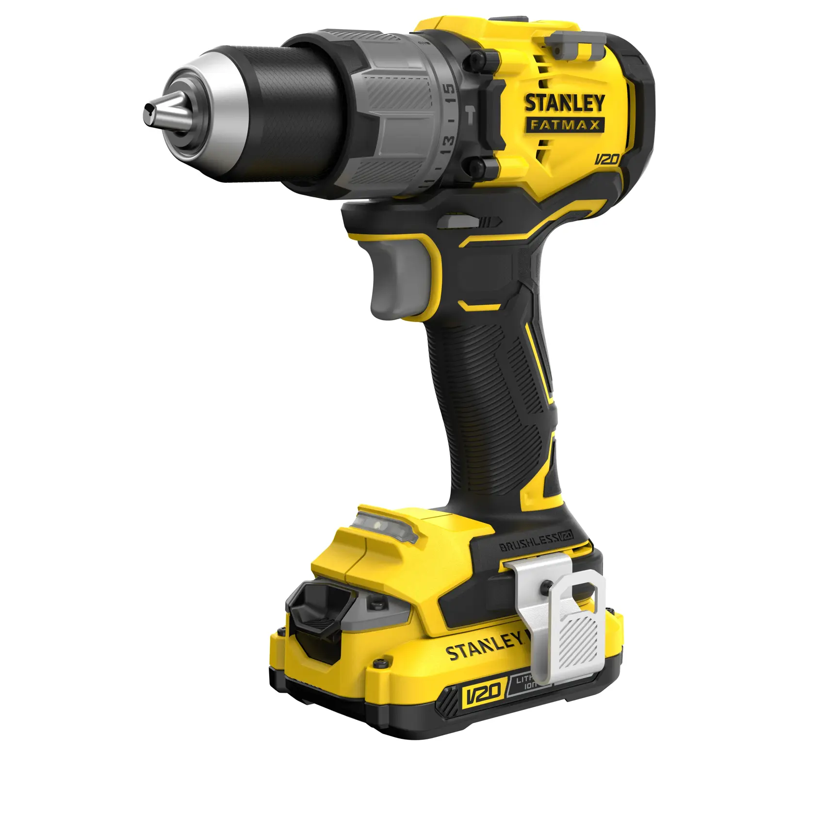 STANLEY SFMCD726D2K cordless drill, yellow and black, side angle, compact design, with battery pack.