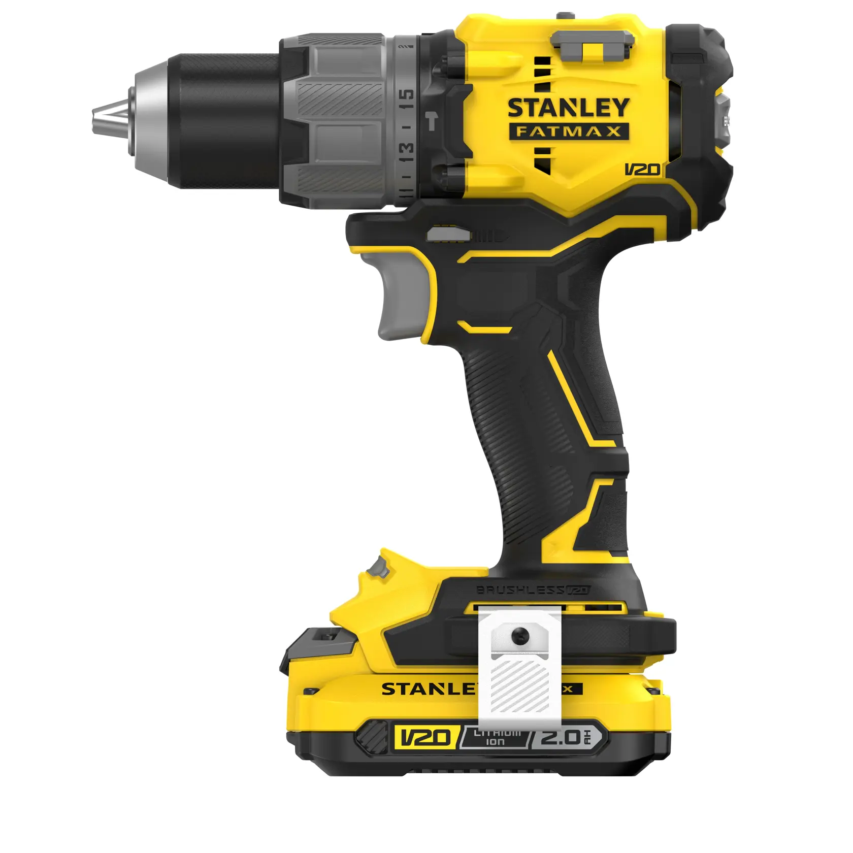STANLEY SFMCD726D2K cordless drill, yellow and black, side view, V20 FatMax series, brushless motor.