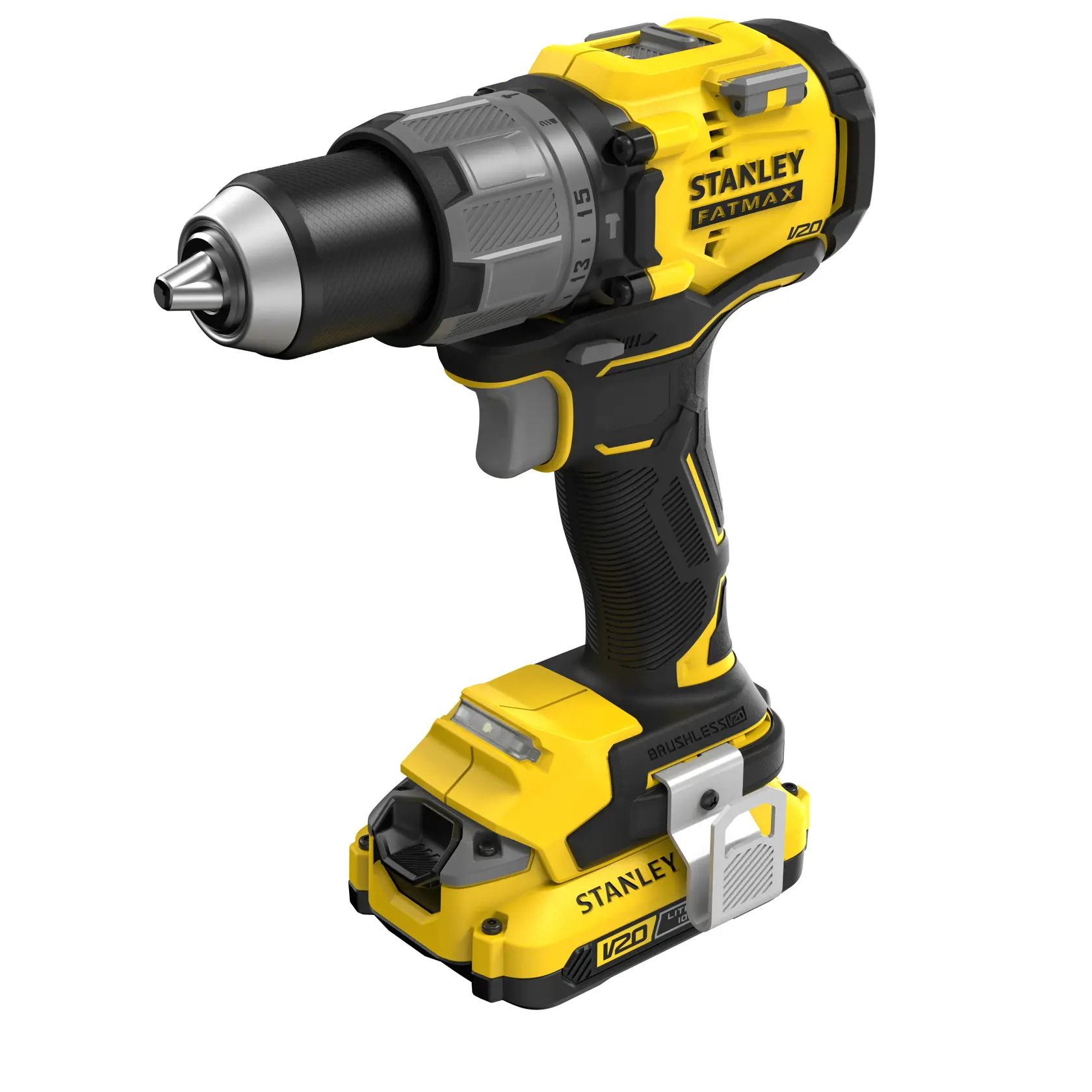 STANLEY SFMCD726D2K cordless drill driver, yellow and black, front left angle on white background.