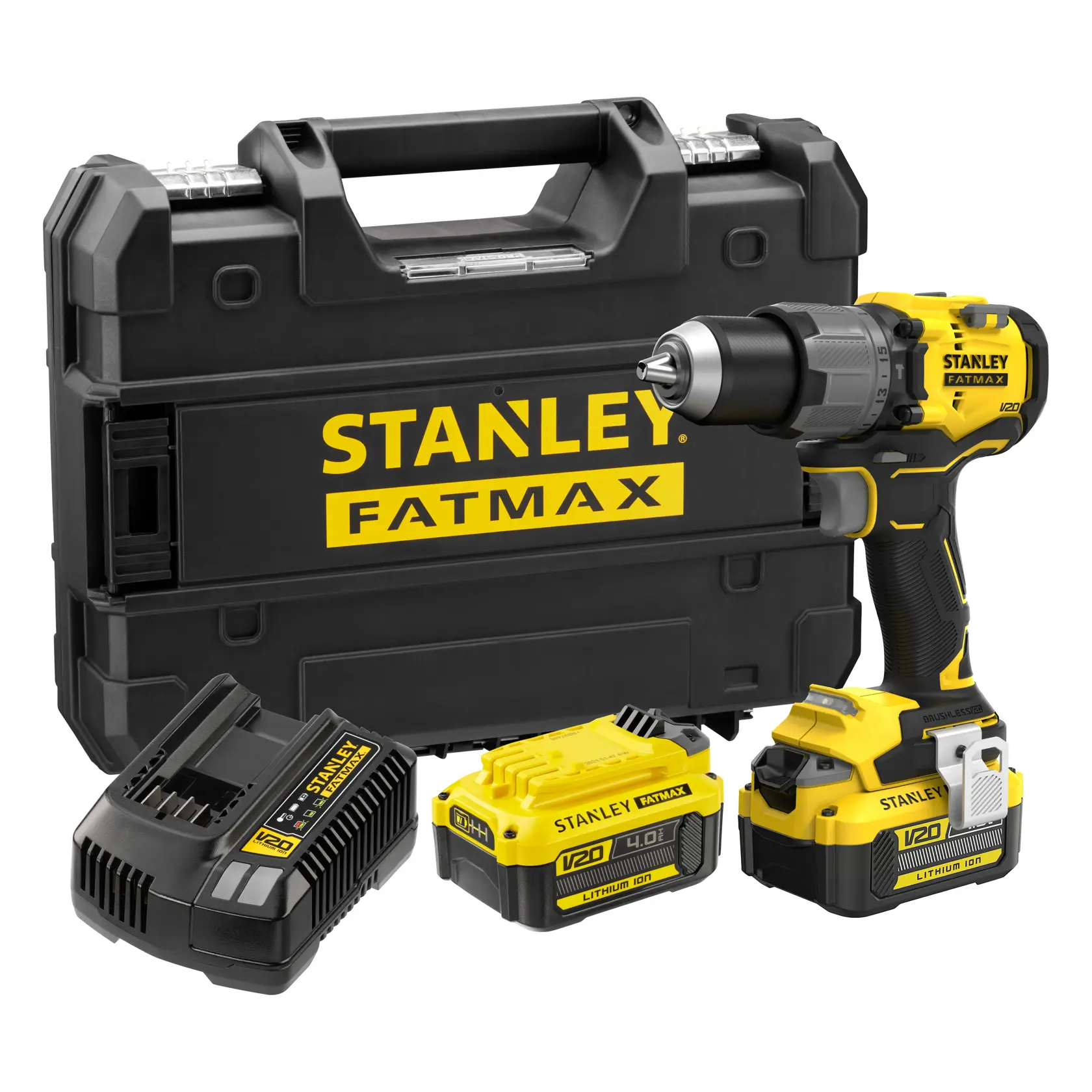 STANLEY SFMCD726M2T cordless drill set with case, charger, and 2 yellow black batteries, front angle.