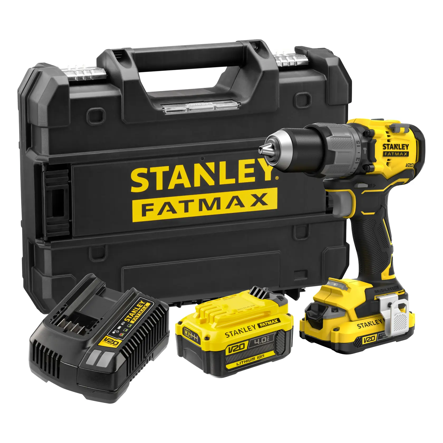 Stanley SFMCD726MDT drill kit with case, charger, and two yellow-black batteries, front angle.