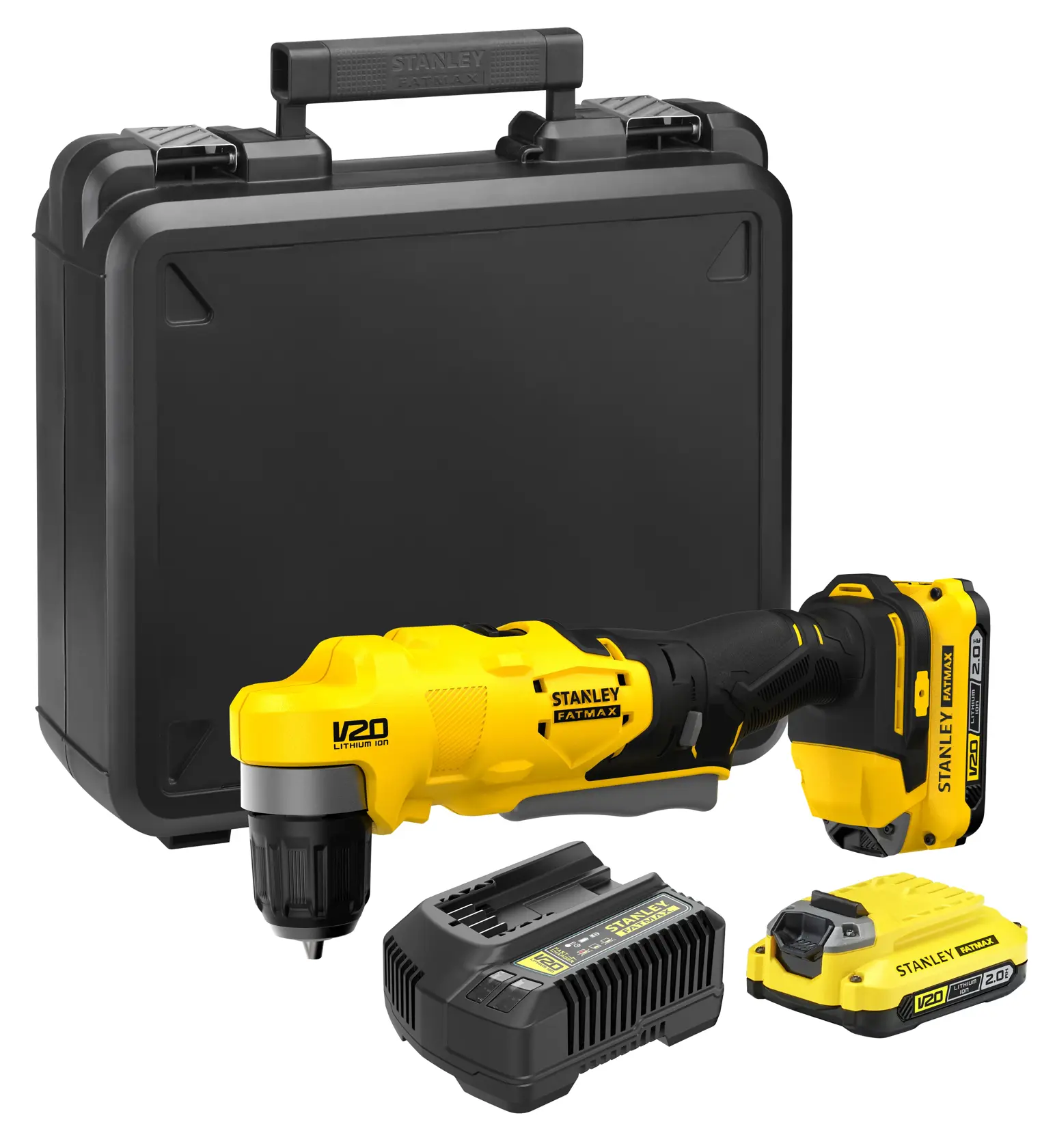 A STANLEY FATMAX V20 cordless drill kit including a yellow and black angled drill, two batteries, a charger, and a sturdy black carrying case.