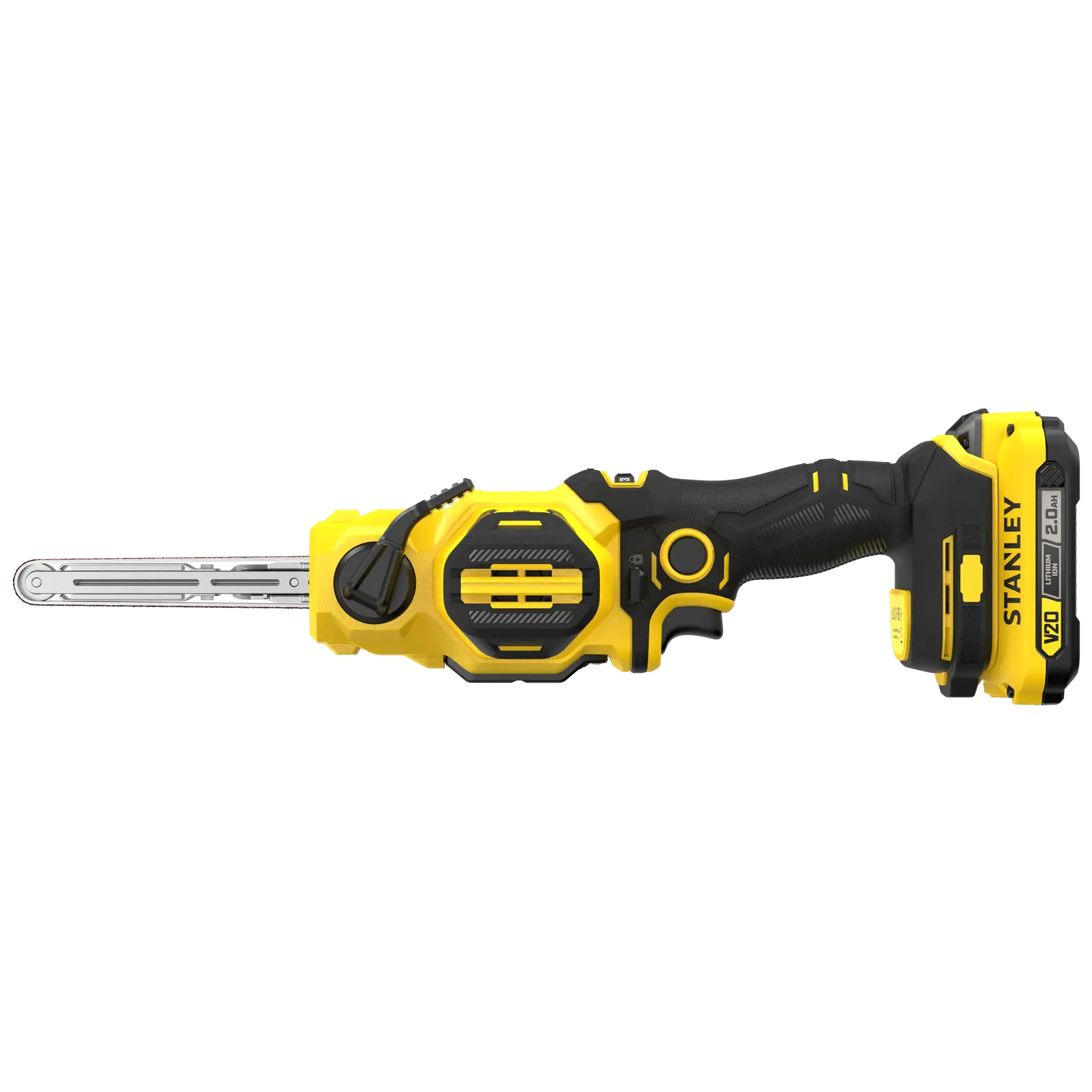 Photo of STANLEY SFMCE210D2 cordless belt sander, yellow and black, side view on white background.