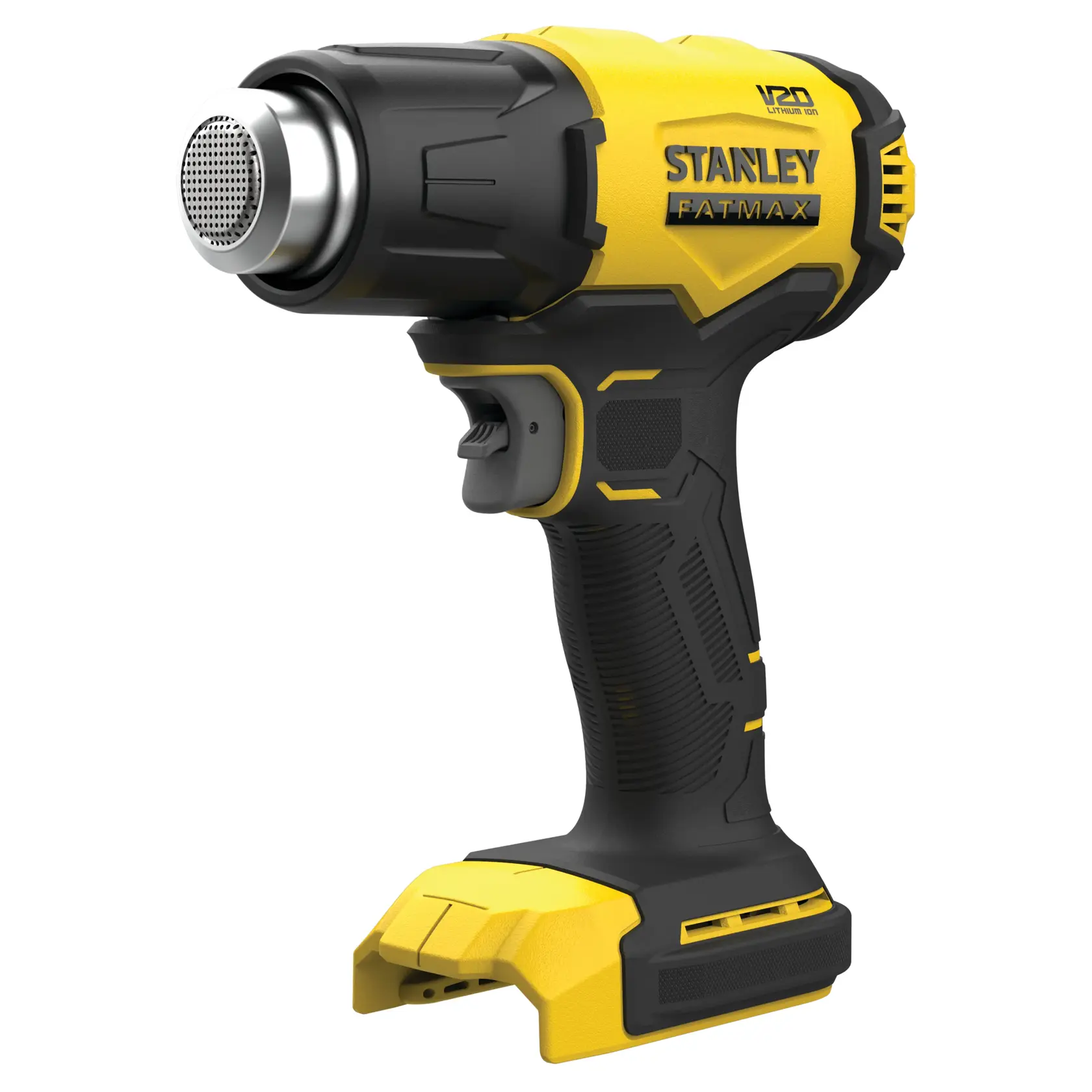 STANLEY SFMCE530B cordless heat gun, yellow and black, side angle photography on white background