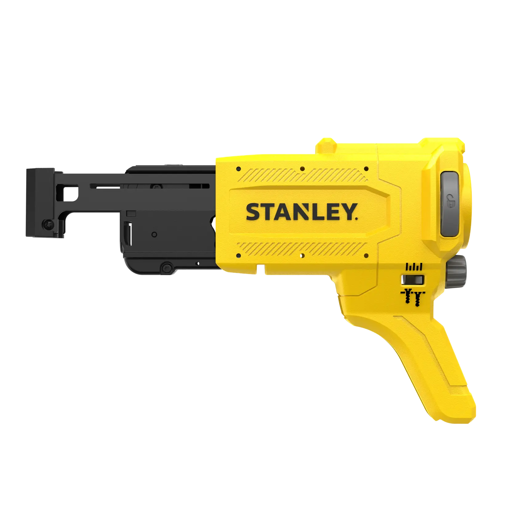Photo of STANLEY SFMCF6001 yellow and black electric screwdriver, side angle, with visible grip and controls.