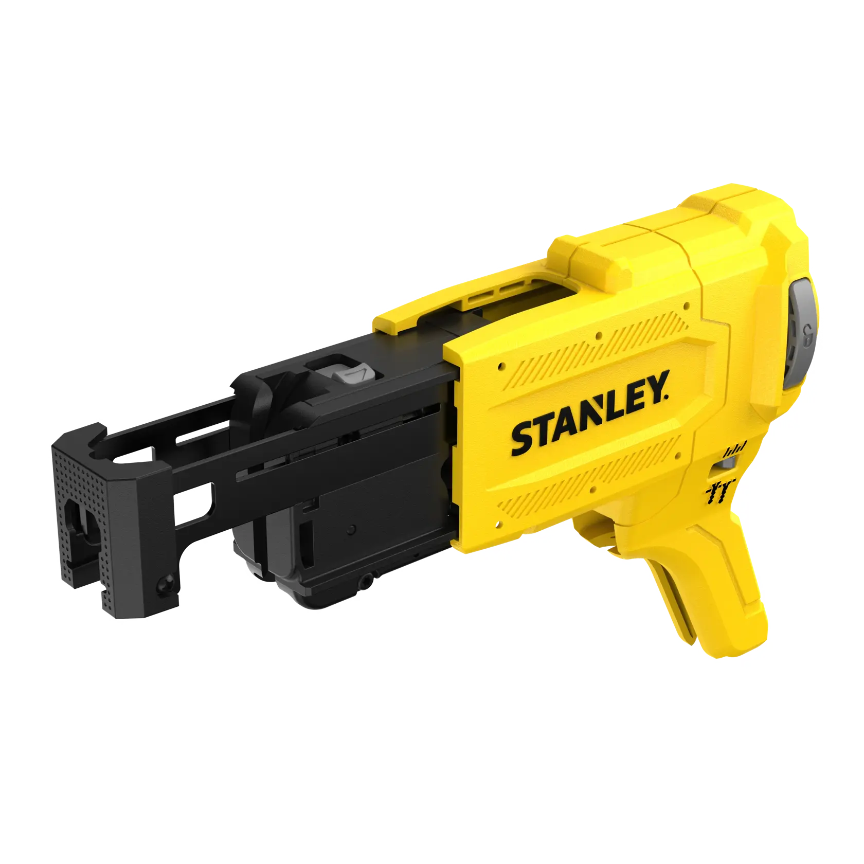 STANLEY SFMCF6001 yellow and black fastening tool, side angle on white background.
