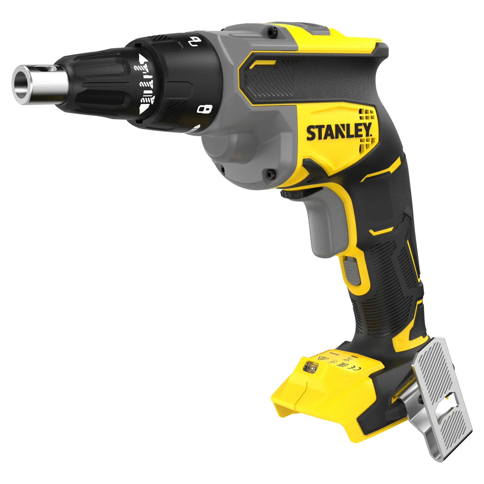 STANLEY SFMCF600B cordless drywall screwdriver, yellow and black, side angle, white background.
