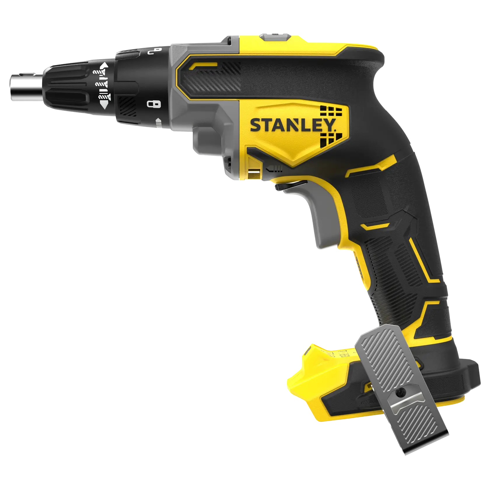 STANLEY SFMCF600B cordless screwdriver, side view, black and yellow handle, precision adjustment, product photography.