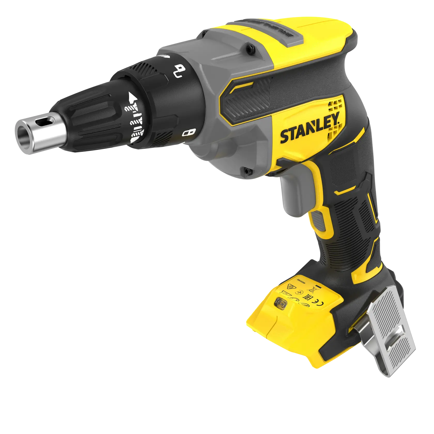 Photo of STANLEY SFMCF600B cordless screw gun, yellow and black, side angle on white background.