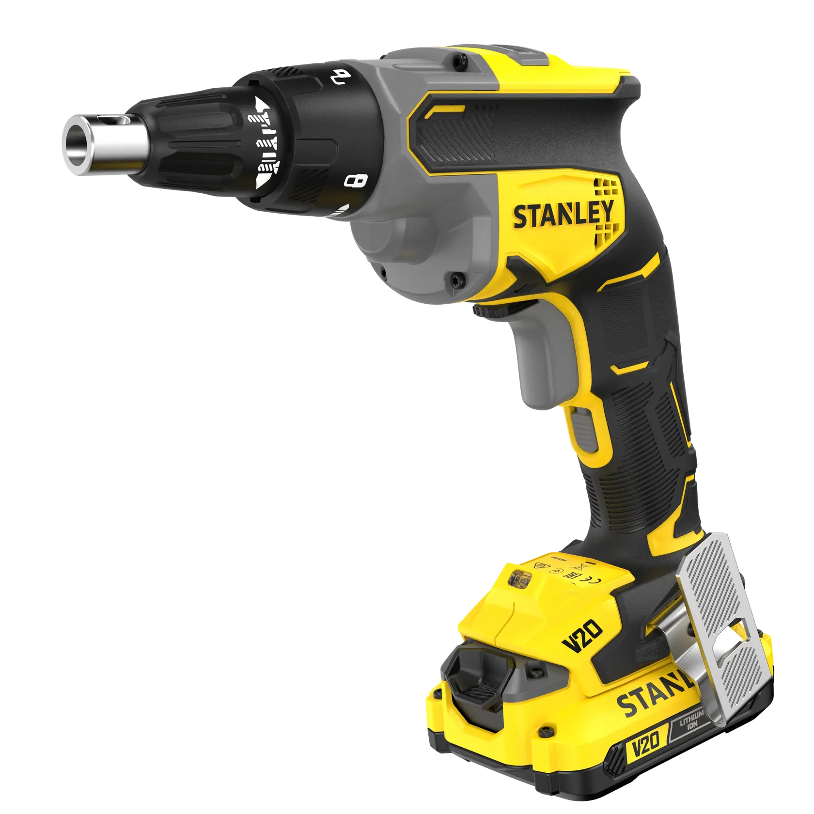 STANLEY SFMCF600D1S cordless screw gun, yellow and black, front right angle on white background.