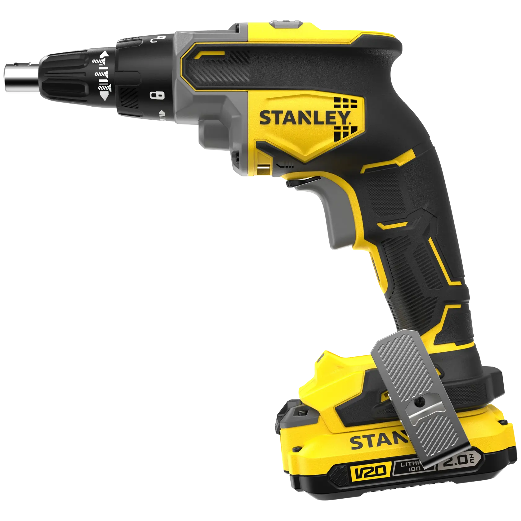 STANLEY SFMCF600D1S cordless screwdriver, black and yellow, right side view, ergonomic handle, V20 lithium-ion battery.