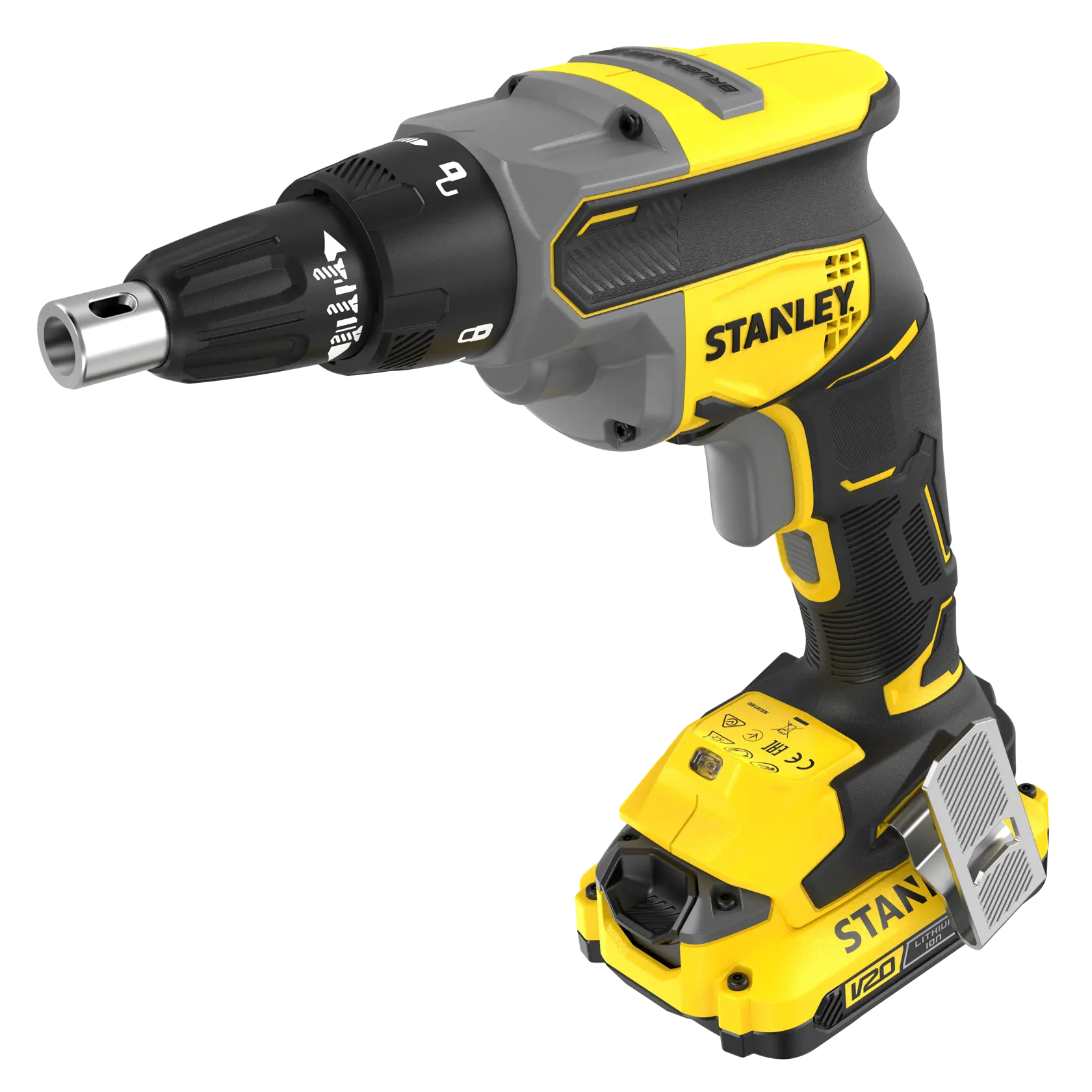 STANLEY SFMCF600D1S cordless screwdriver, yellow and black, side angle on white background.