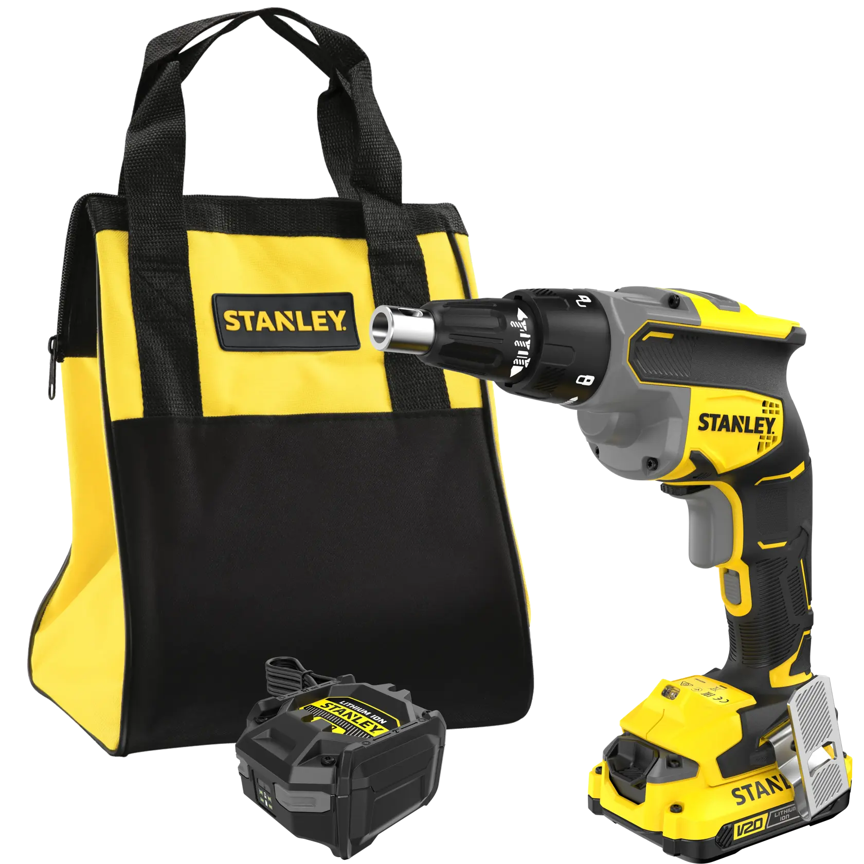 Stanley cordless screwdriver set with tool bag and charger, in yellow and black.
