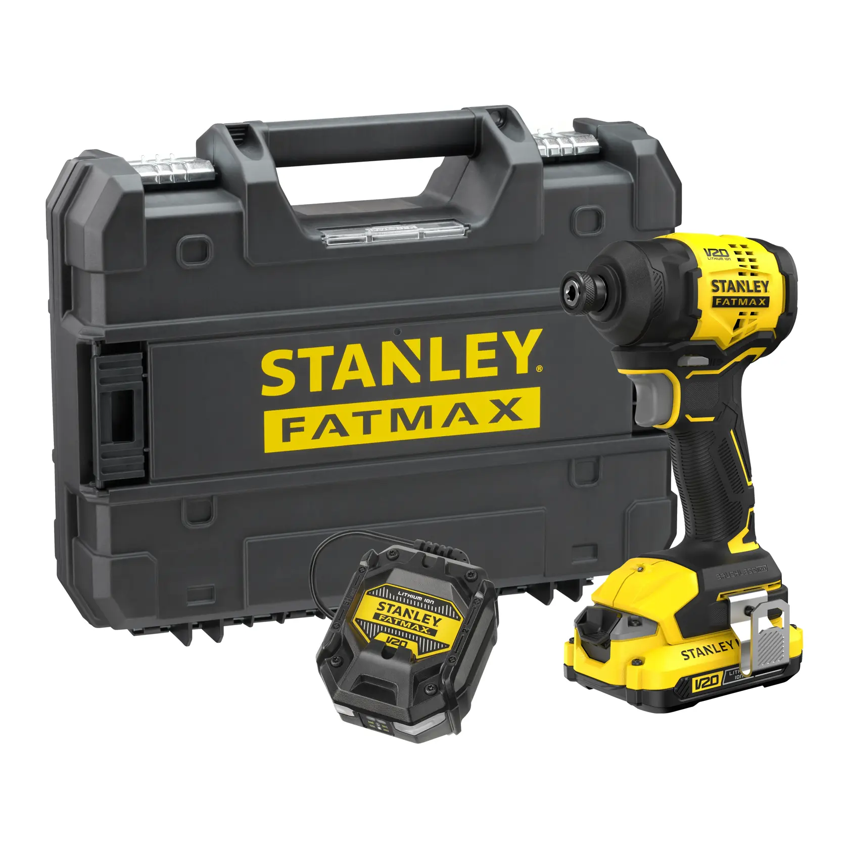 STANLEY SFMCF811D1T V20 impact driver kit with black case and battery, front angle photo.