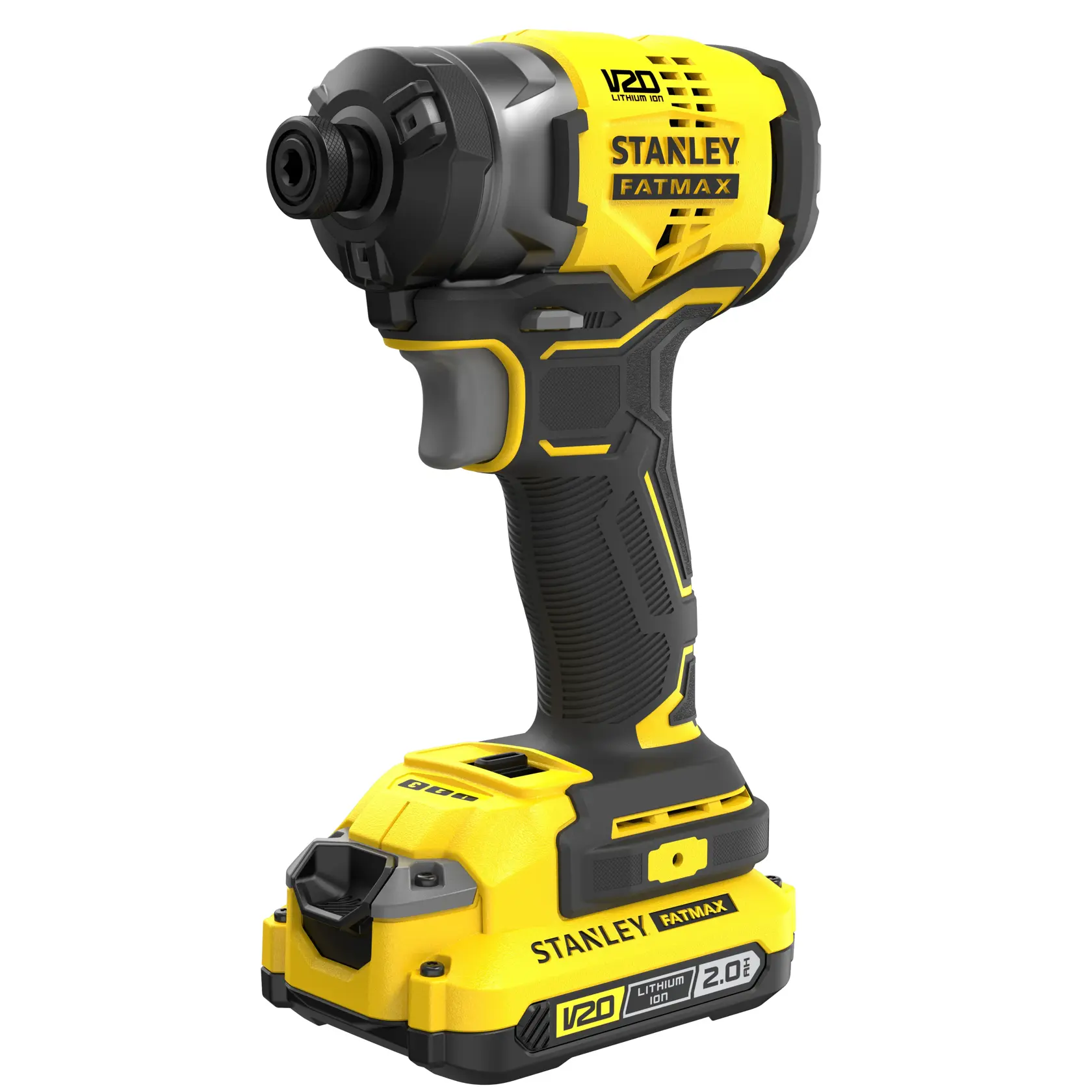 STANLEY SFMCF820D2K cordless yellow and black impact driver, front left angle on white background.