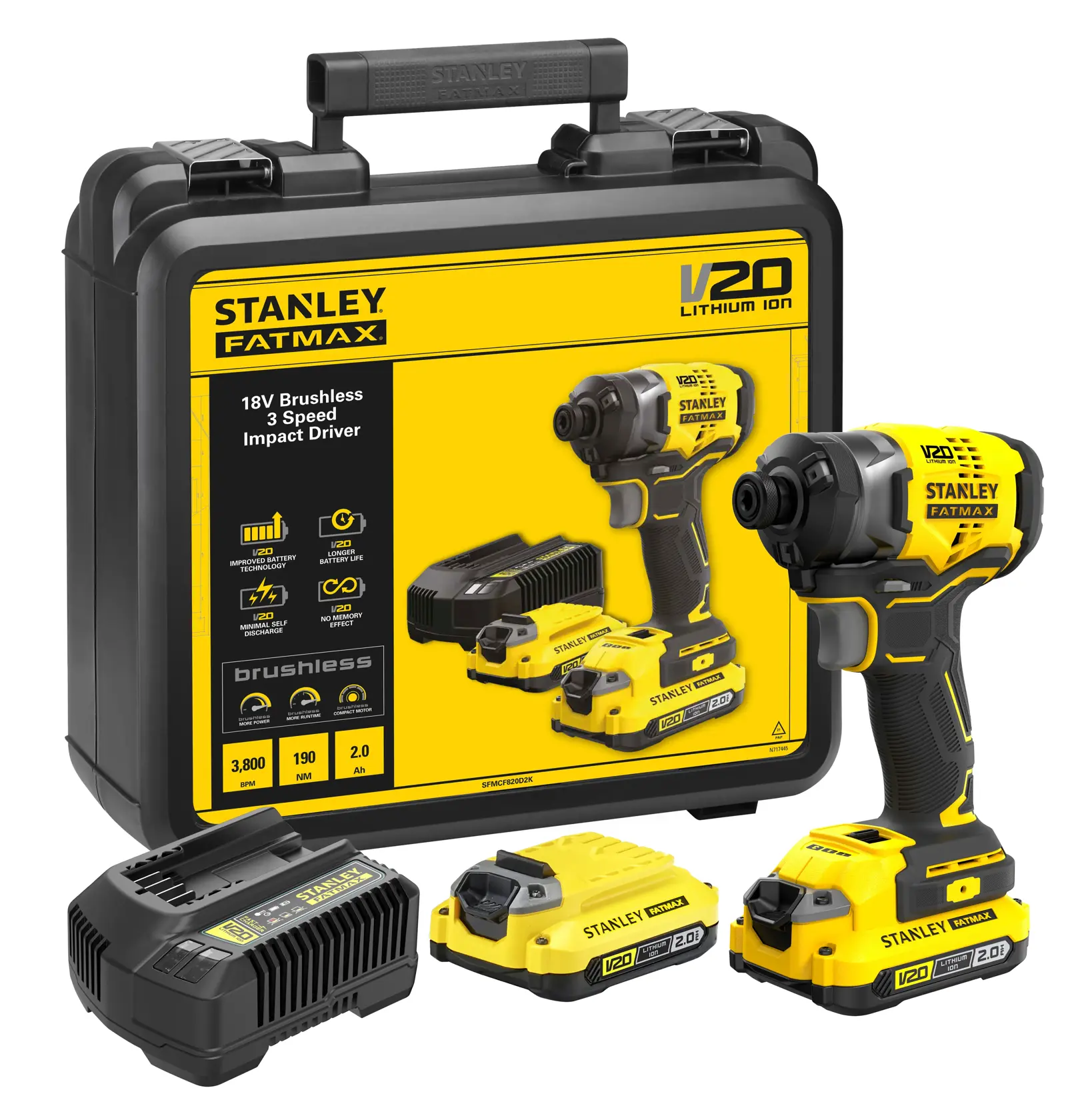 STANLEY® FATMAX® V20 Visseuse Impacts 190nm Brushless - Lithium 18v - 2 Batteries 2ah - 3 Vitesses