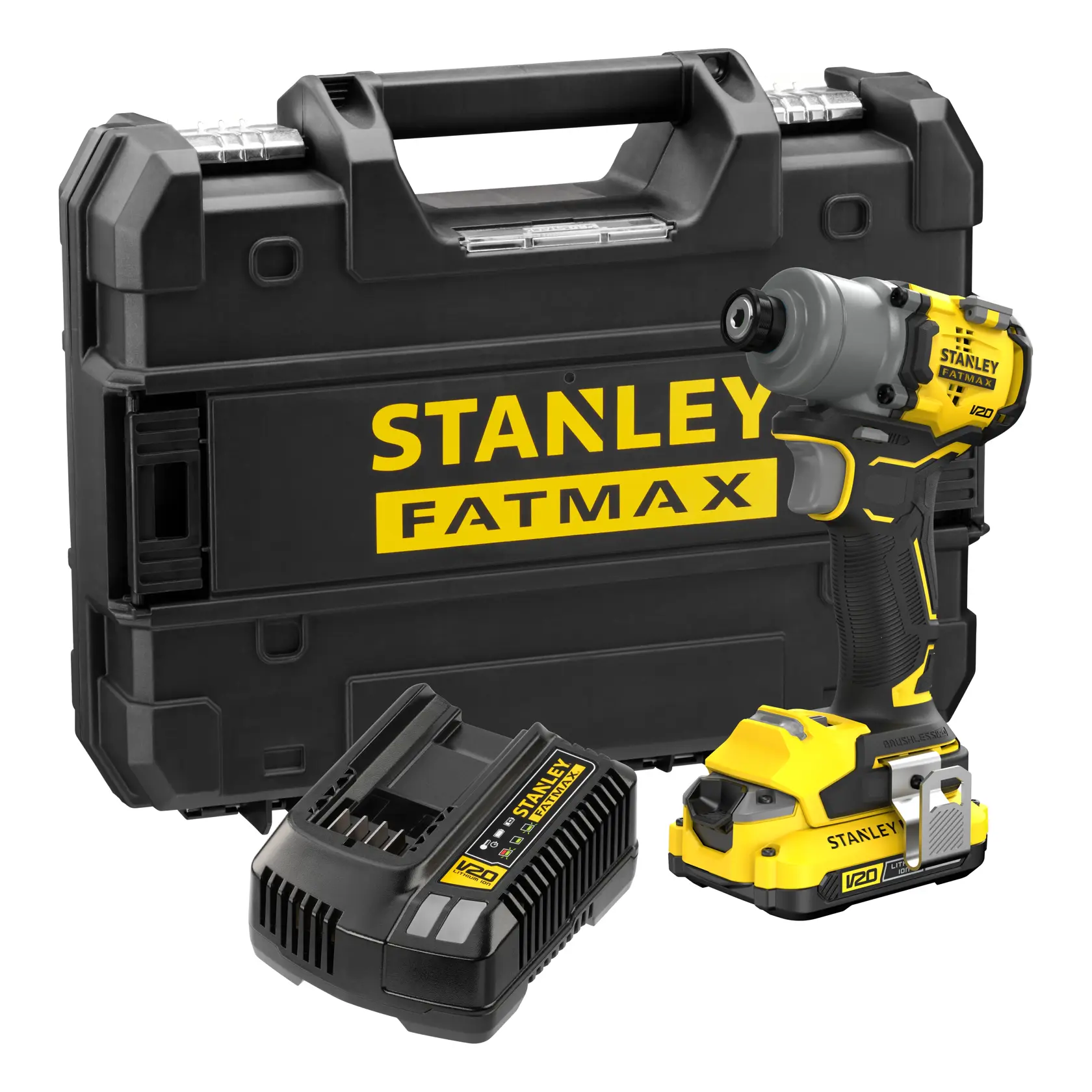 STANLEY SFMCF830D1T V20 impact driver kit with case, battery, and charger, front angle photo.
