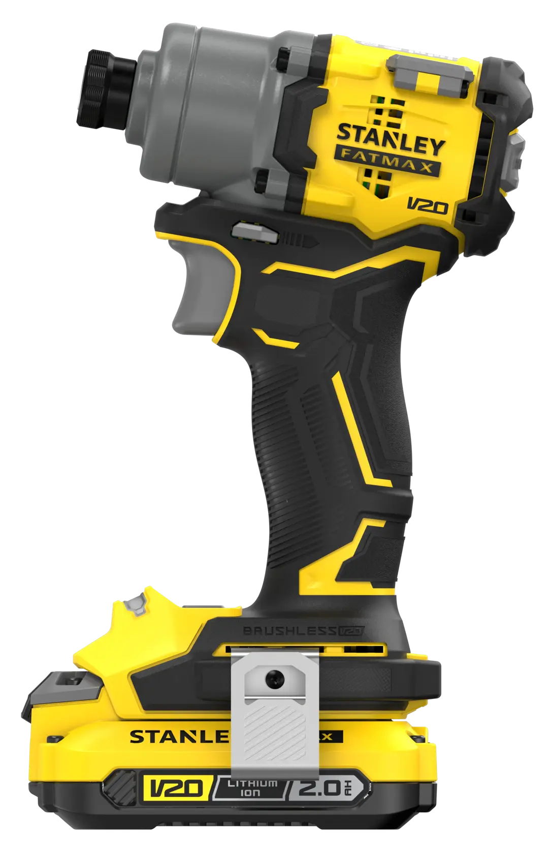 STANLEY SFMCF830D2K V20 Fatmax cordless impact driver, side angle, yellow and black design.