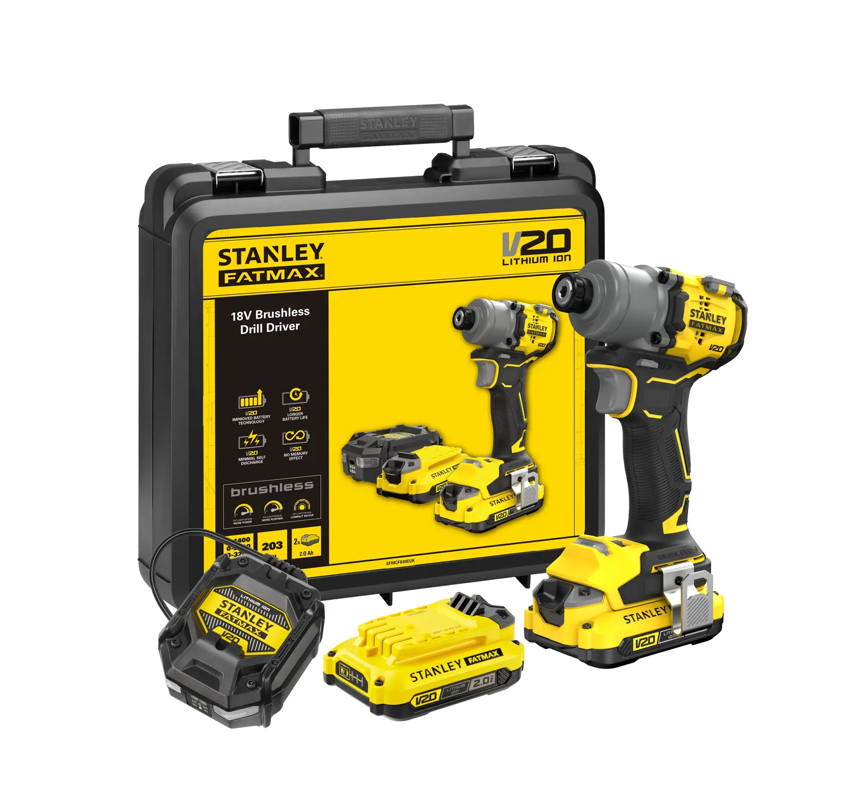 18V STANLEY® FATMAX® V20 Cordless Brushless 3-Speed Impact Driver with 2 x 2.0Ah Lithium Ion Batteries, Charger and Kit Box