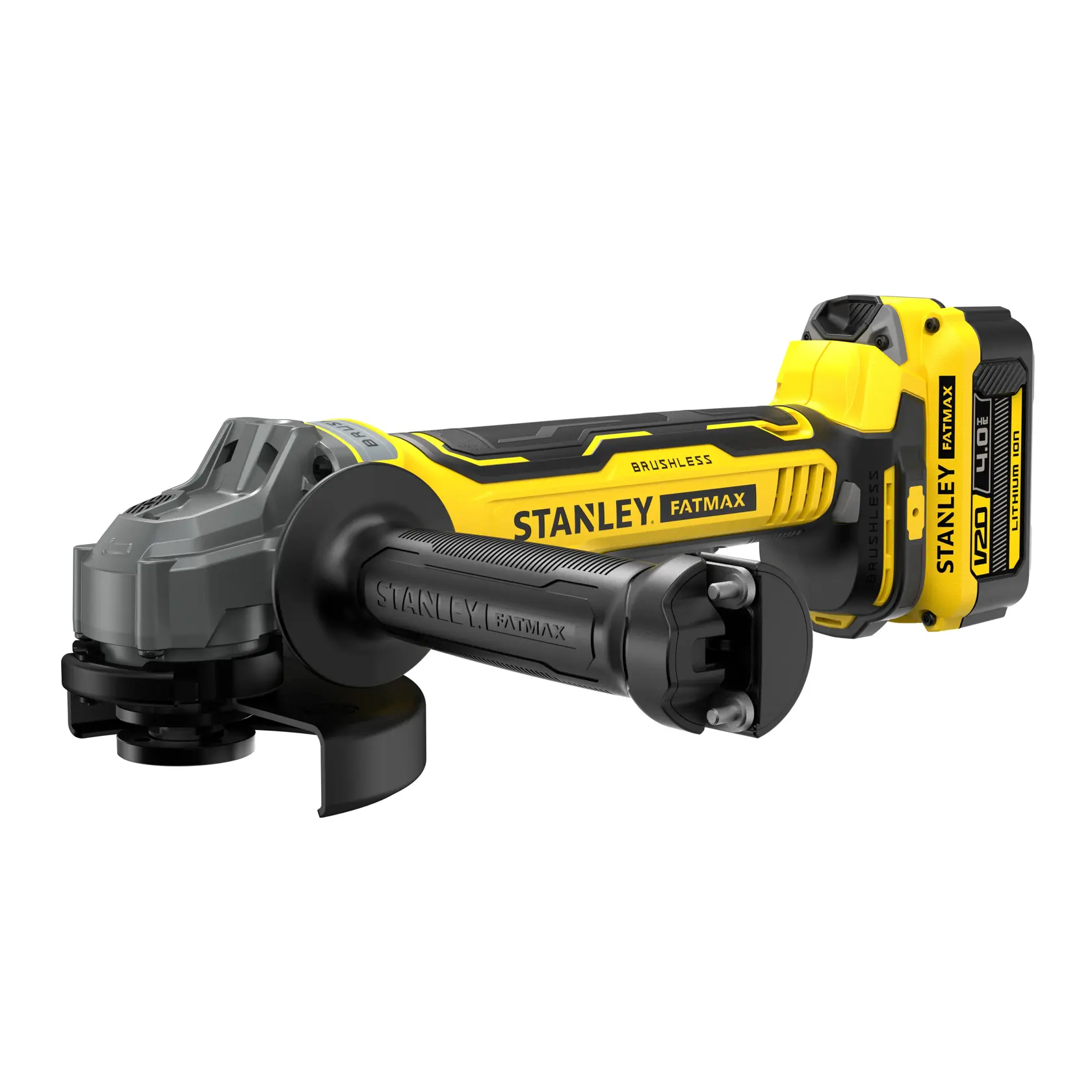 Photo of STANLEY SFMCG700M2K cordless angle grinder, yellow and black, front angle on white background.