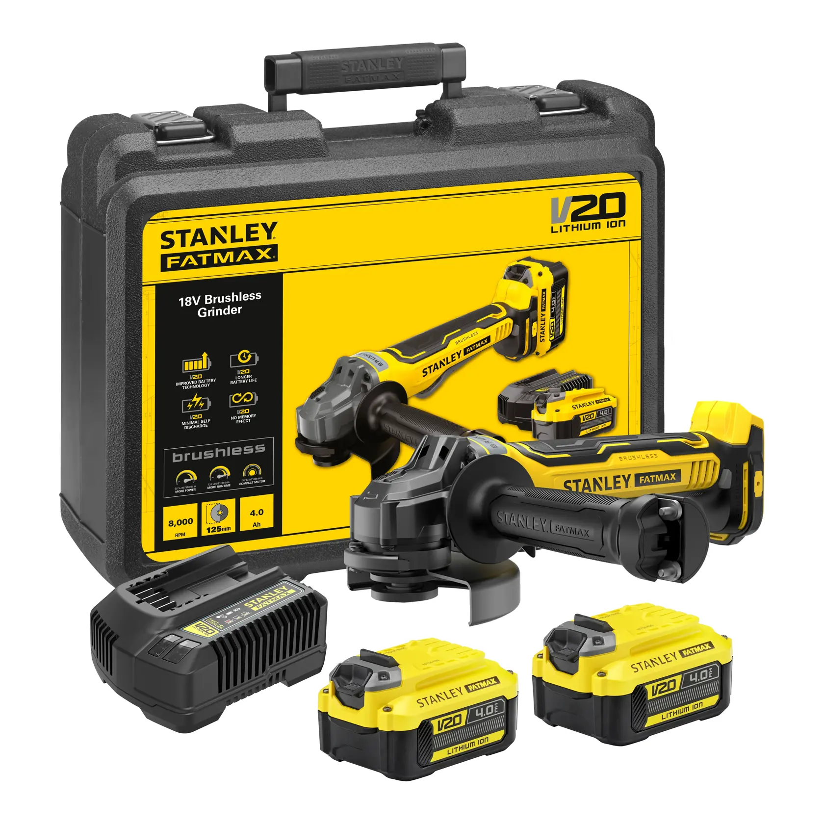 STANLEY FATMAX V20 Cordless Brushless 125mm Angle Grinder with 2 x 4.0Ah Lithium Ion Batteries and Kit Box
