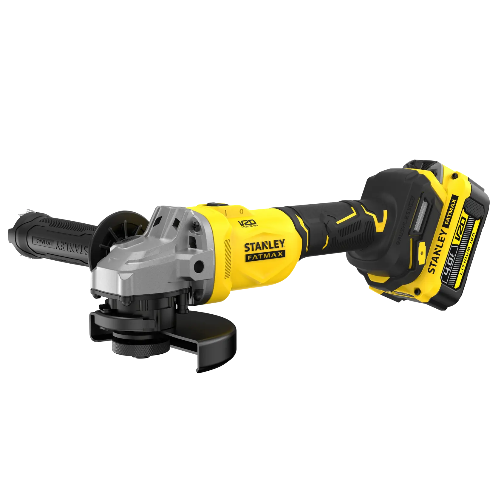 Photo of STANLEY SFMCG710M1T cordless angle grinder with yellow and black body, side handle, and battery, front angle.