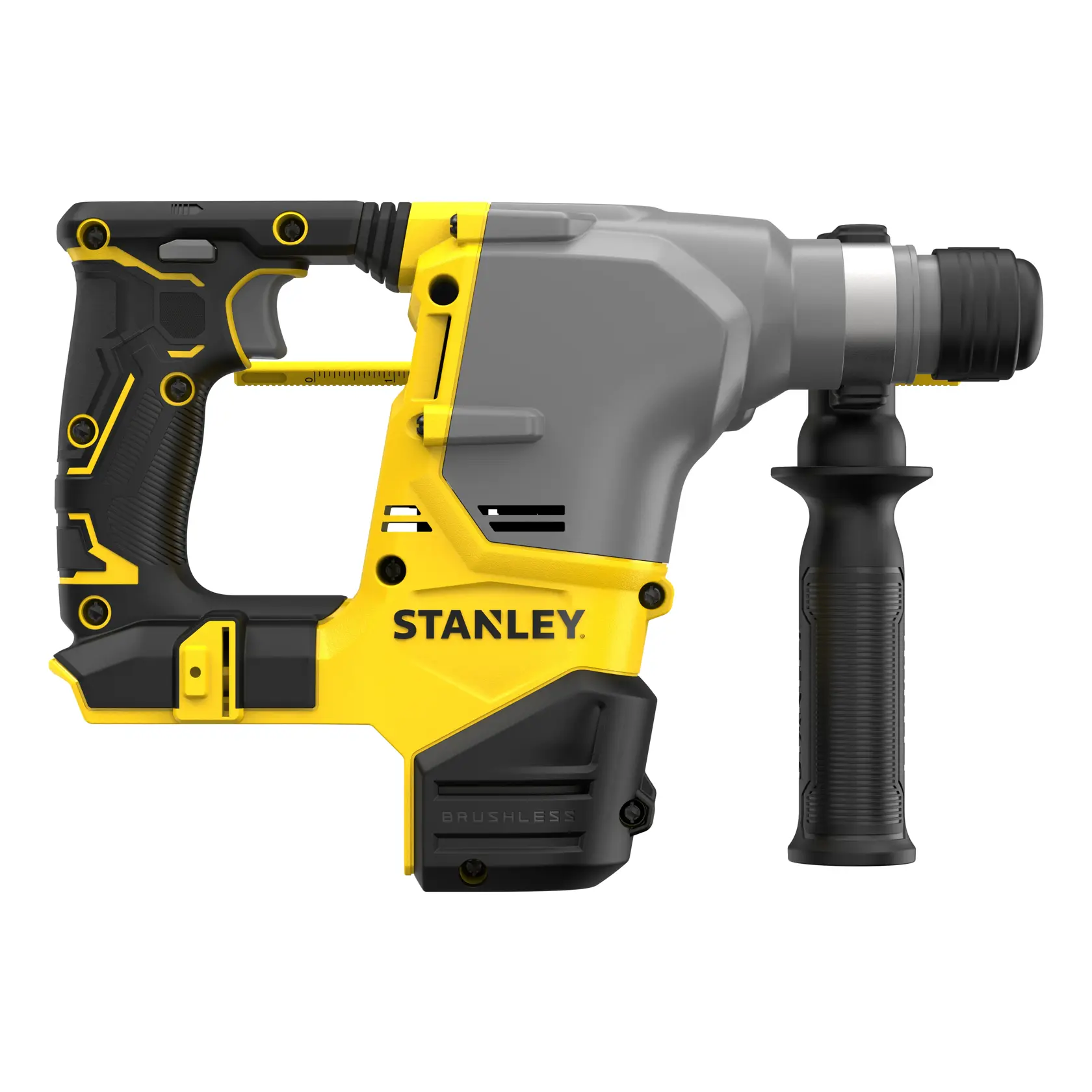 STANLEY SFMCH910B rotary hammer with side handle, brushless, yellow and black, right-side angle on white background.