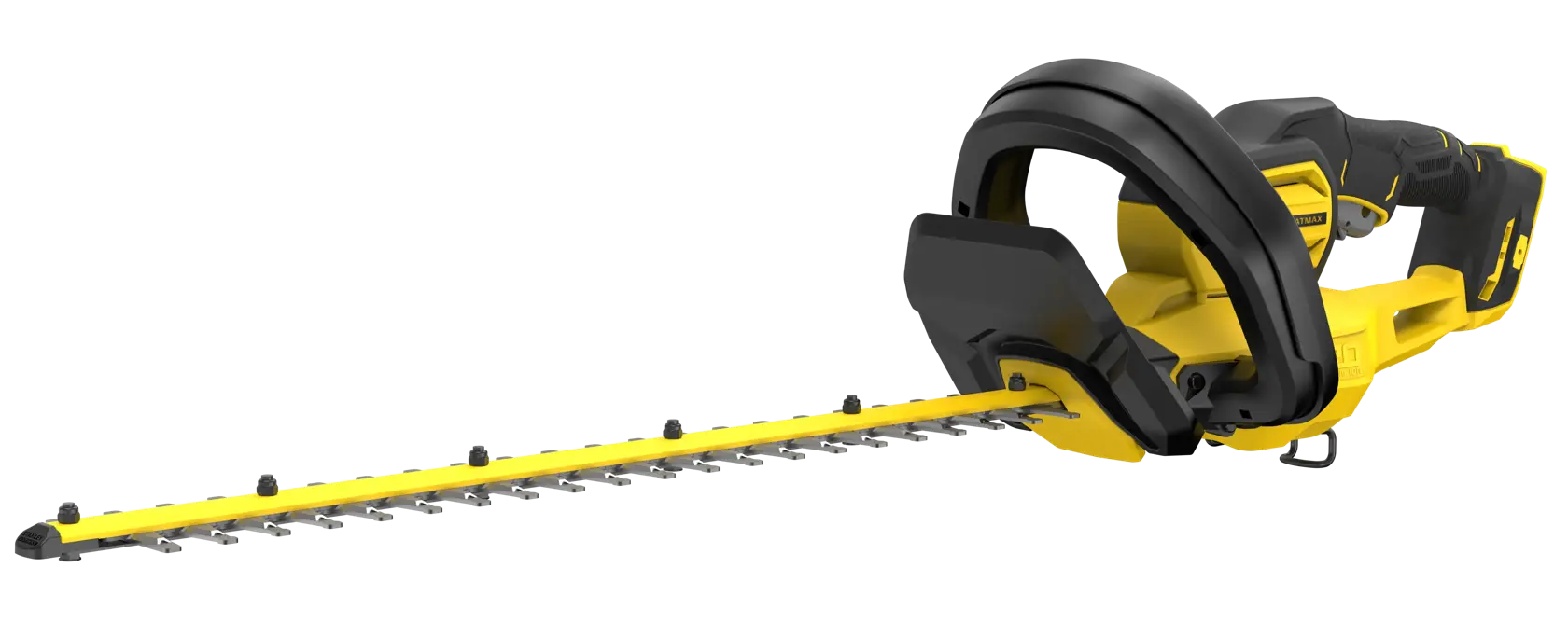 STANLEY SFMCHT655B hedge trimmer, yellow and black, side angle, long dual-action blade, white background.