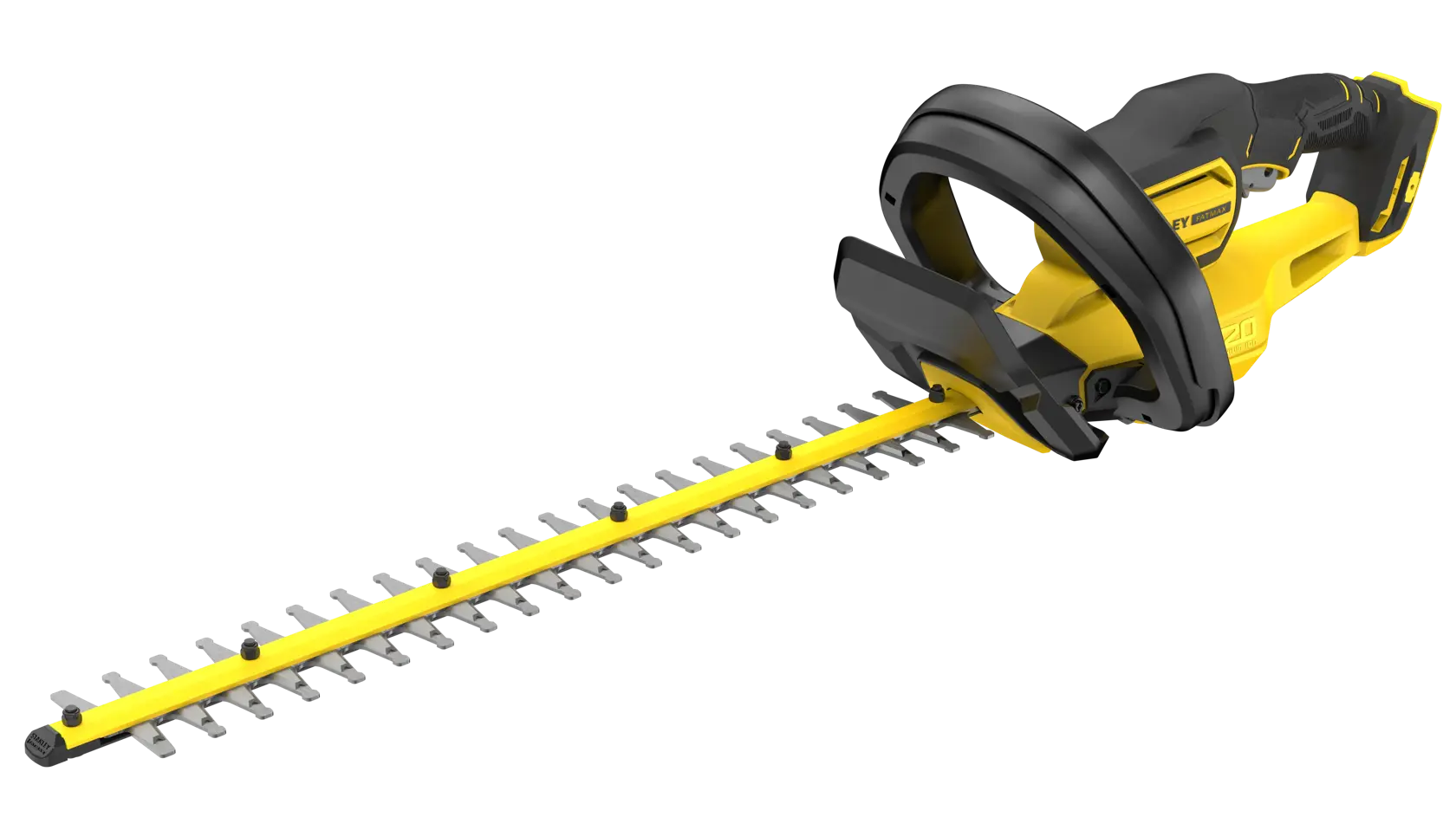 STANLEY SFMCHT655B hedge trimmer, yellow and black, angled front view on white background.