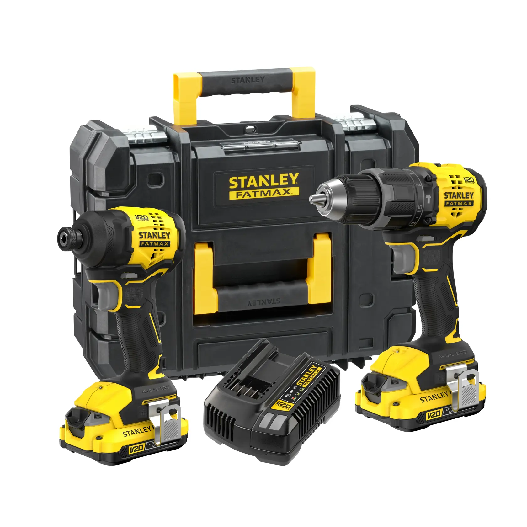 STANLEY SFMCK201D2T-QW cordless drill and impact driver kit with carry case and charger, front angle.