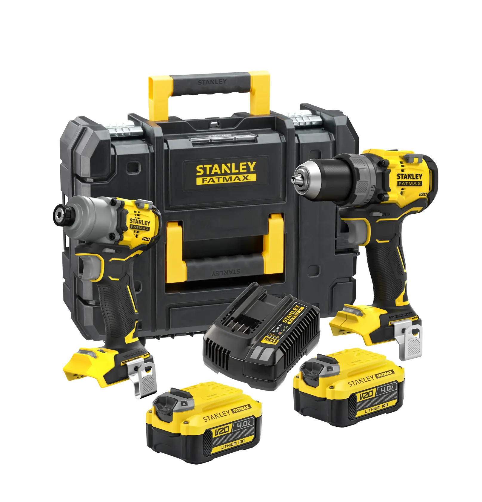 STANLEY SFMCK211M2T twin drill and impact driver set with batteries, charger, and hard case, front angle.