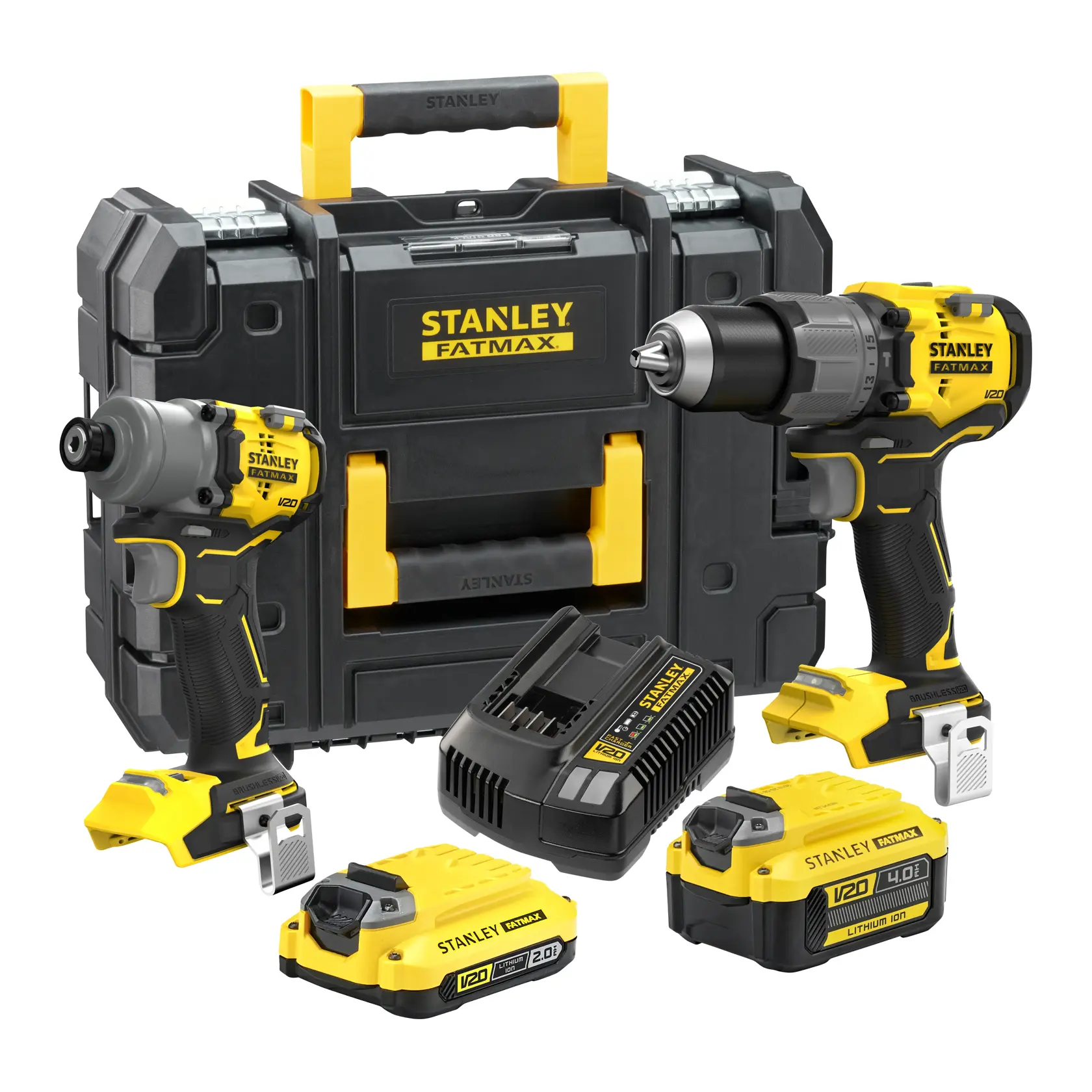 STANLEY SFMCK211MDT drill and impact driver set with batteries, charger and carrying case, front view.