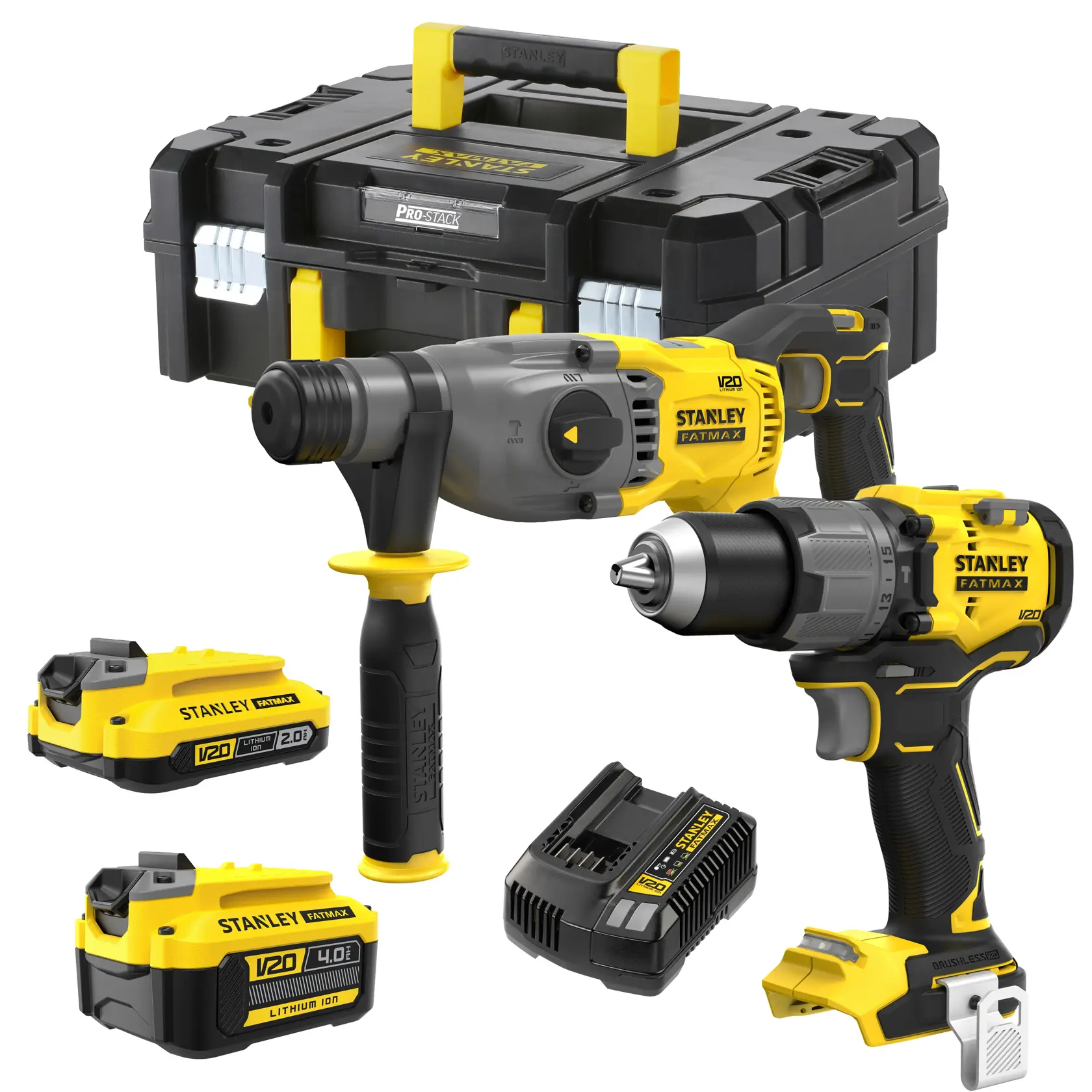 STANLEY SFMCK216MDT V20 tool kit with hammer drill, impact driver, batteries, charger, and case, front view.