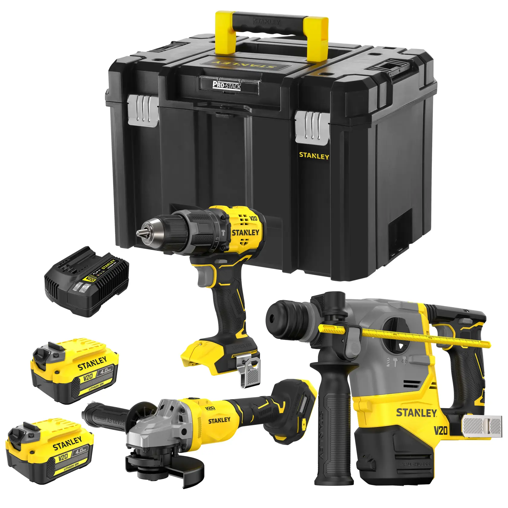 Stanley tool kit with drill, grinder, rotary hammer, batteries, charger and black case included.