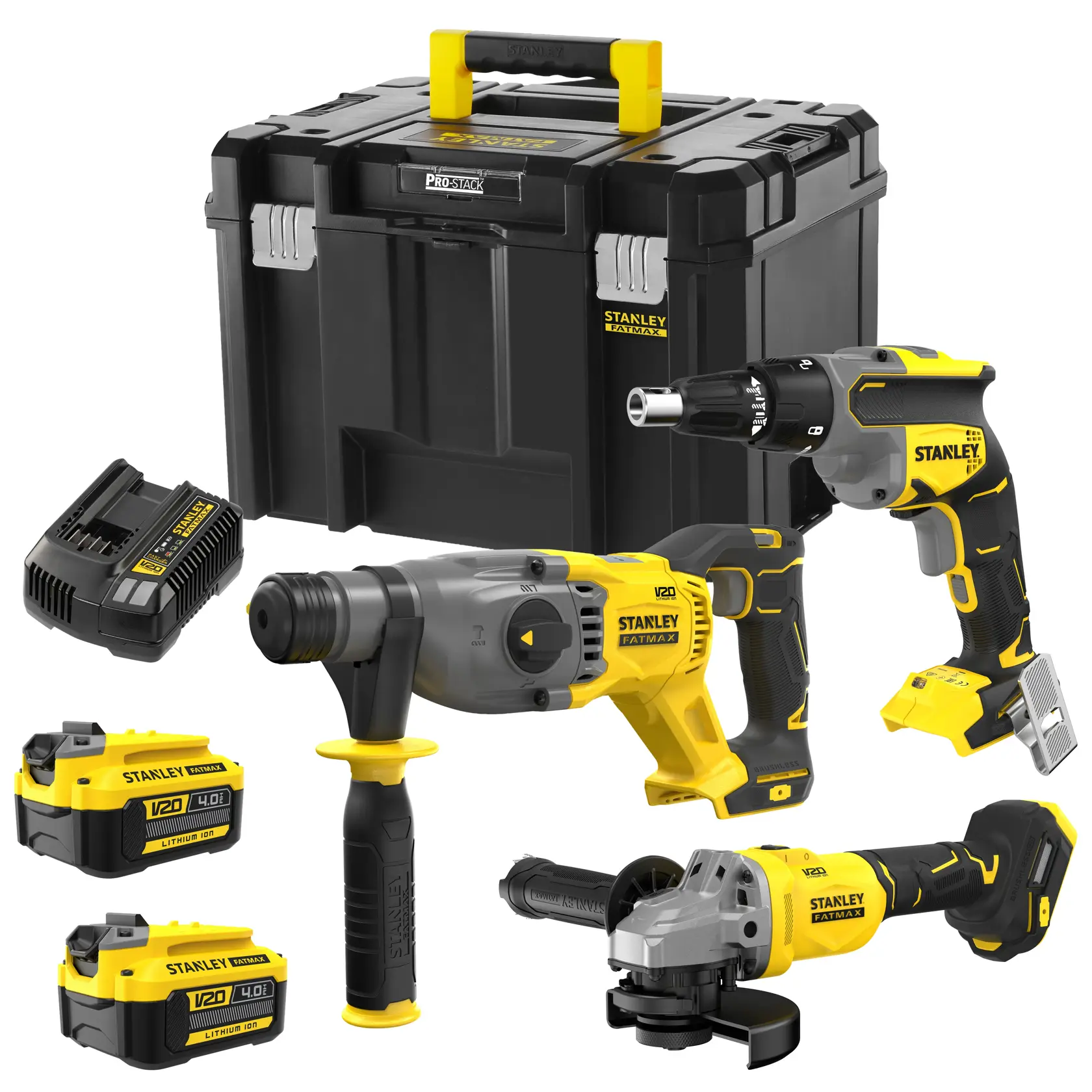 STANLEY SFMCK367M2T tool kit with drill, grinder, batteries, charger, and black/yellow toolbox, front view.