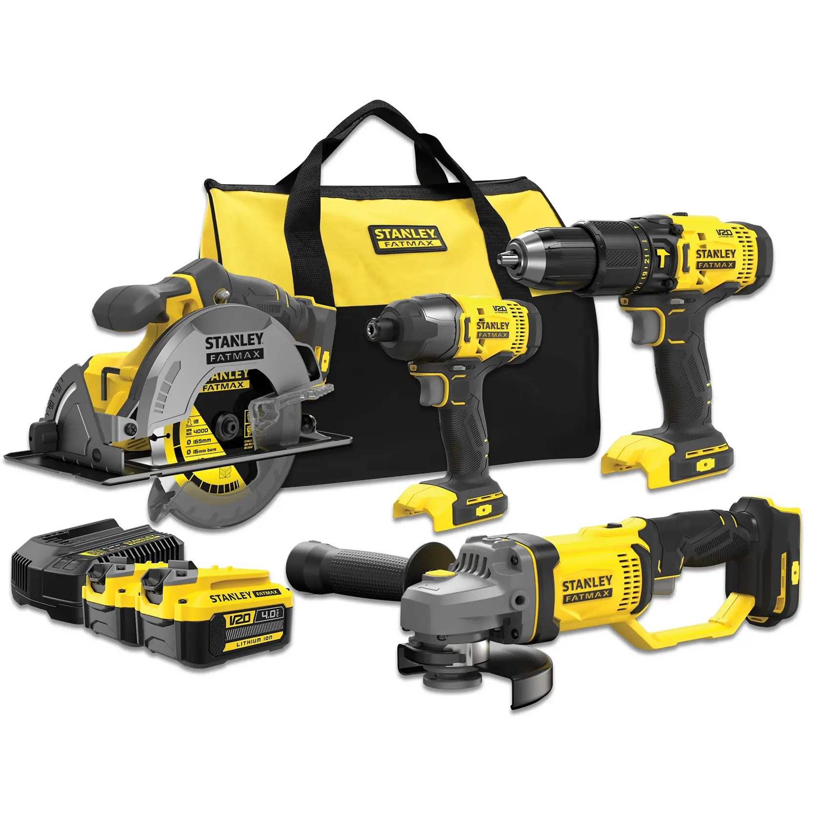 STANLEY SFMCK469M2 power tool set with yellow-black bag, drill, circular saw, impact driver, angle grinder, batteries, charger.